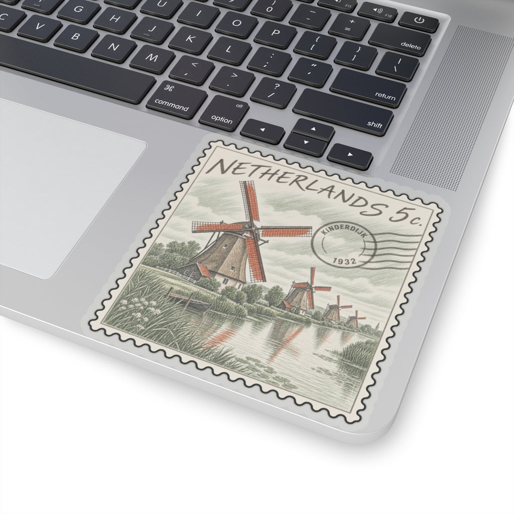 Close-up Netherlands 5c stamp sticker with red windmill, water scene, and 1932 seal