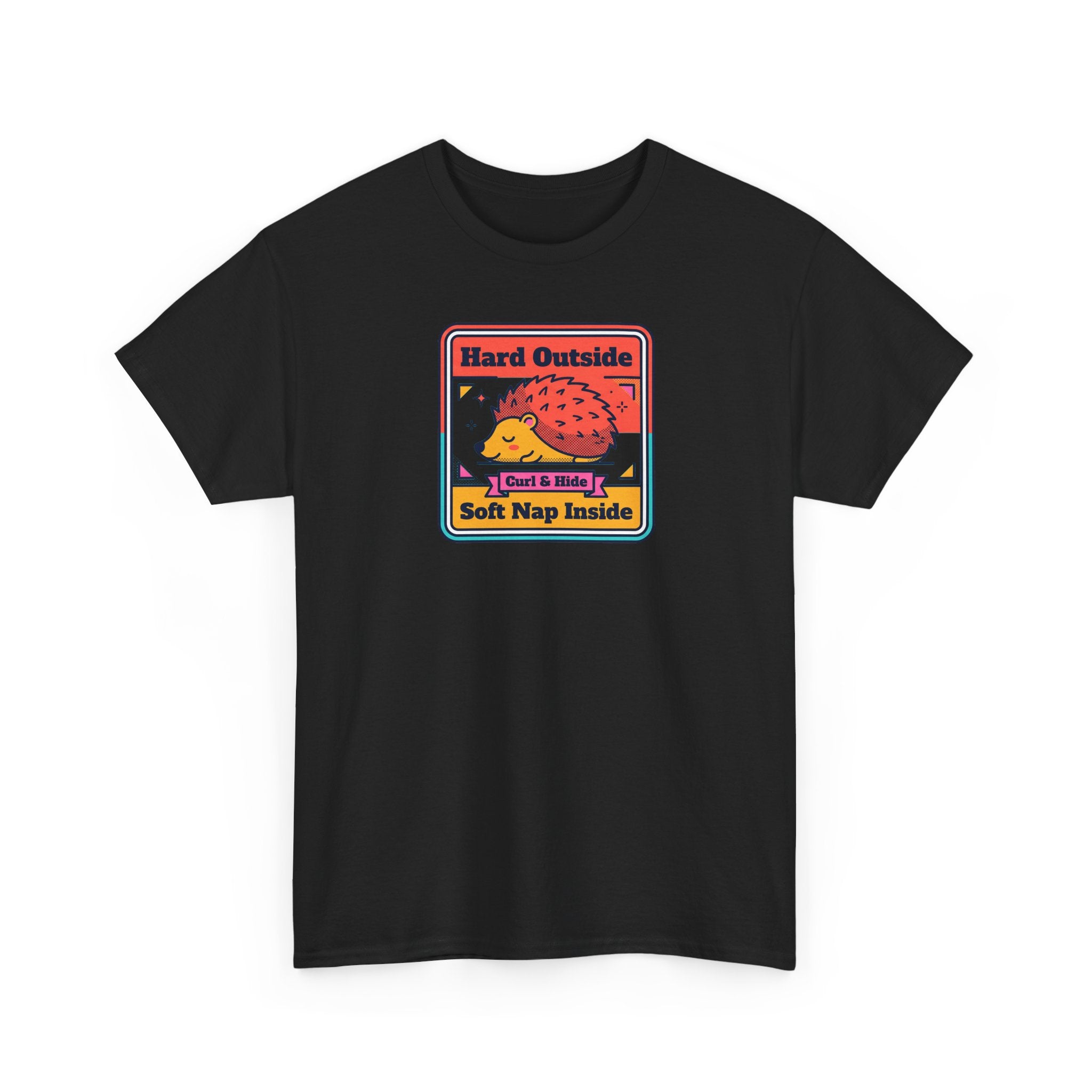 Black crewneck T-shirt with hedgehog graphic front in a colorful badge