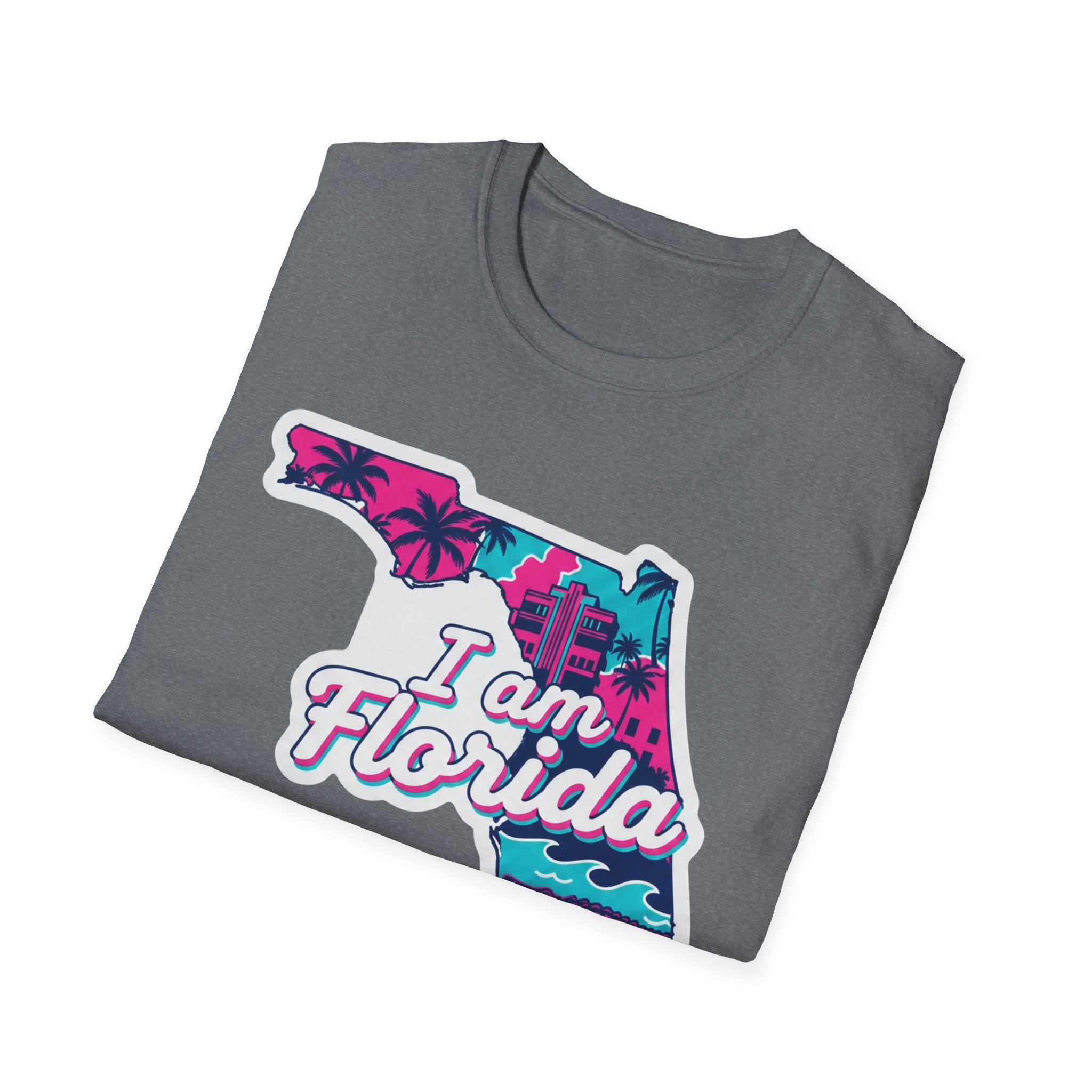 Dark grey T-shirt with “I am Florida” retro palm map graphic