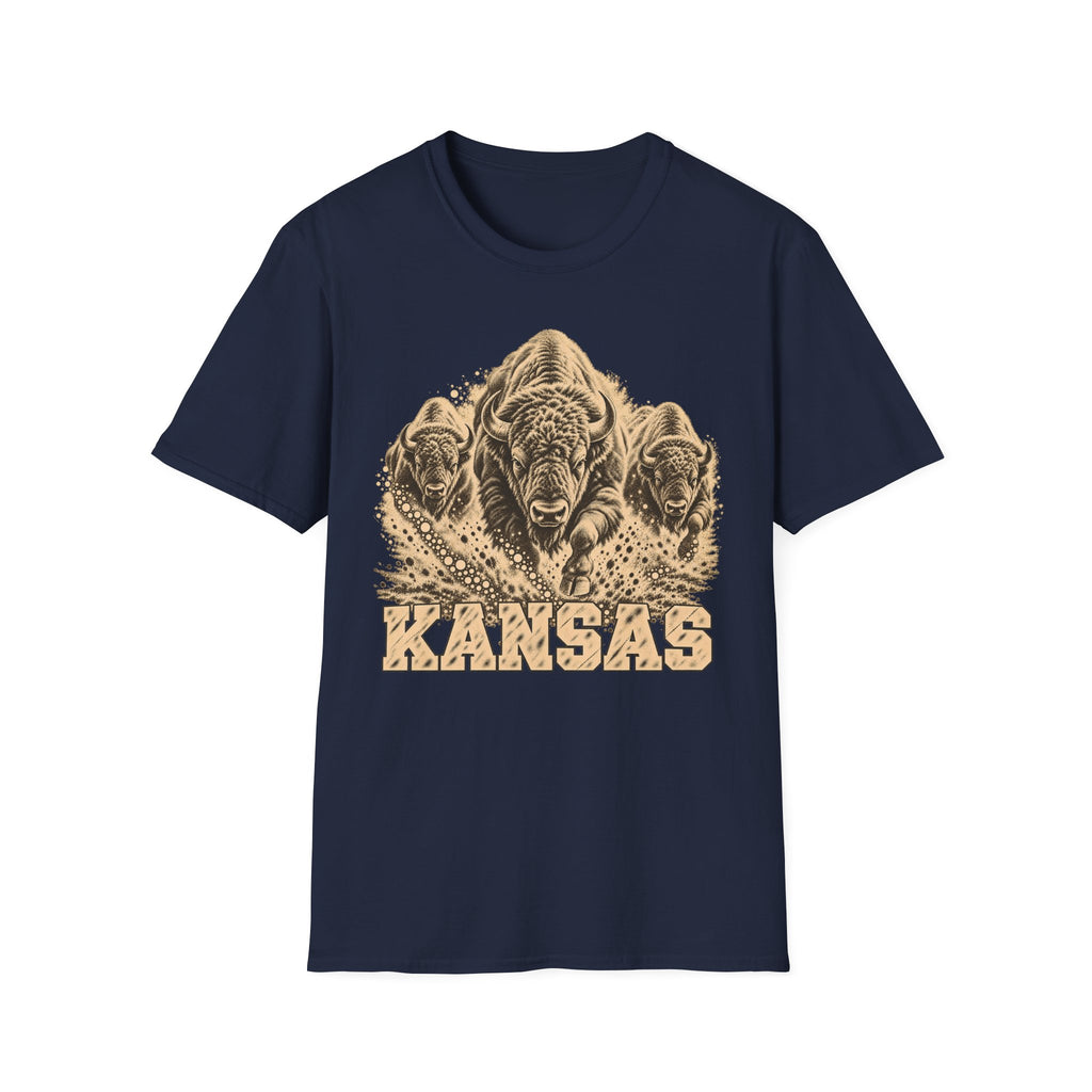 Navy Kansas bison graphic T-shirt with front “KANSAS” text