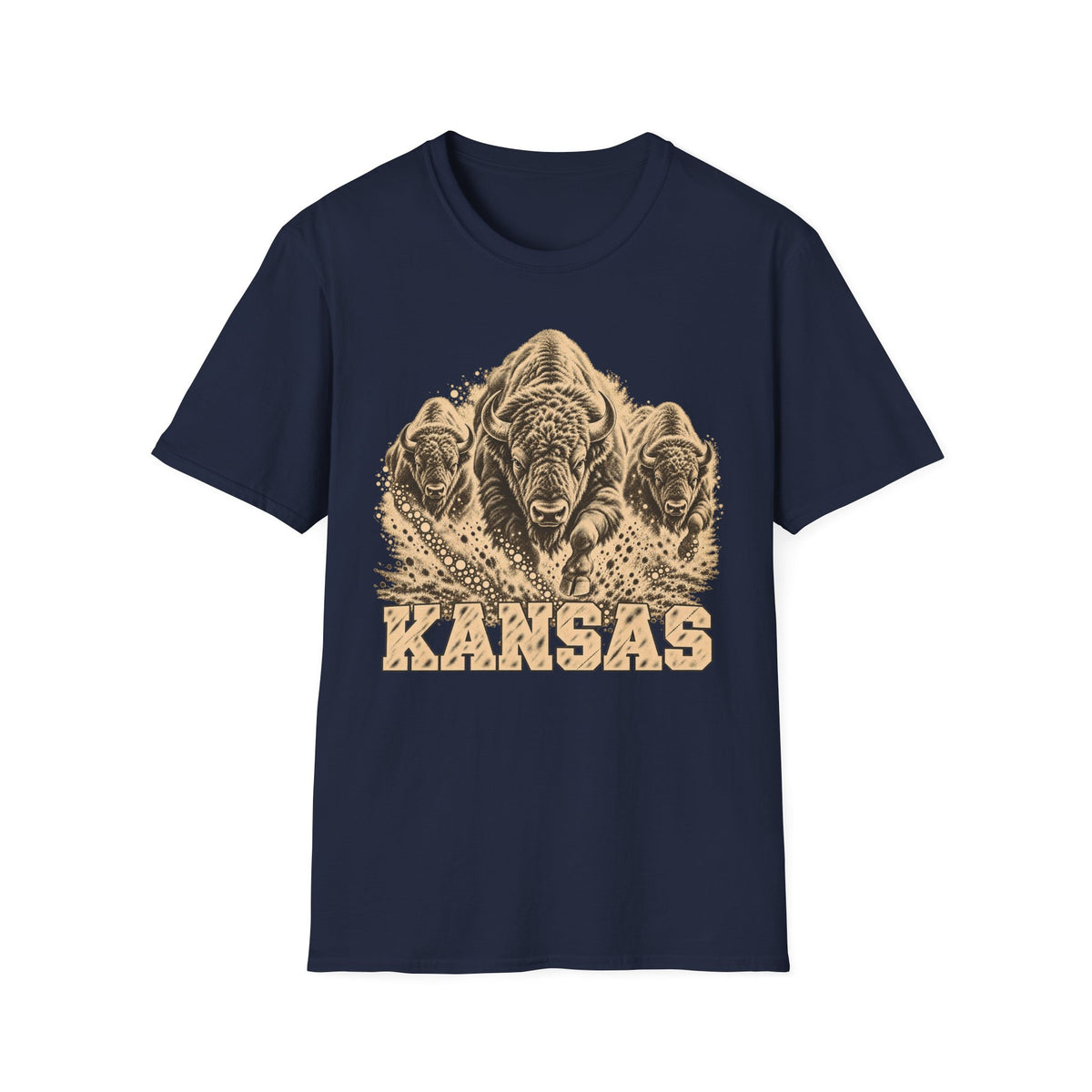 Navy Kansas bison graphic T-shirt with front “KANSAS” text