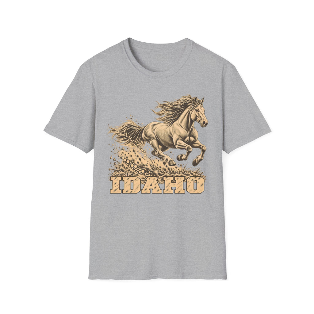 Light gray T-shirt with golden running horse graphic and Idaho text