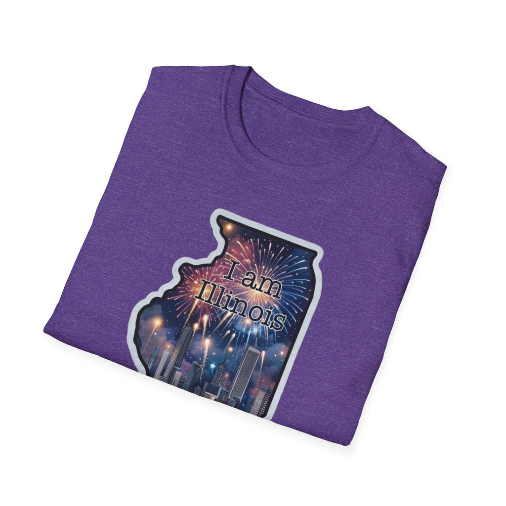 Heather purple T-shirt with “I am Illinois” sticker-style graphic and fireworks