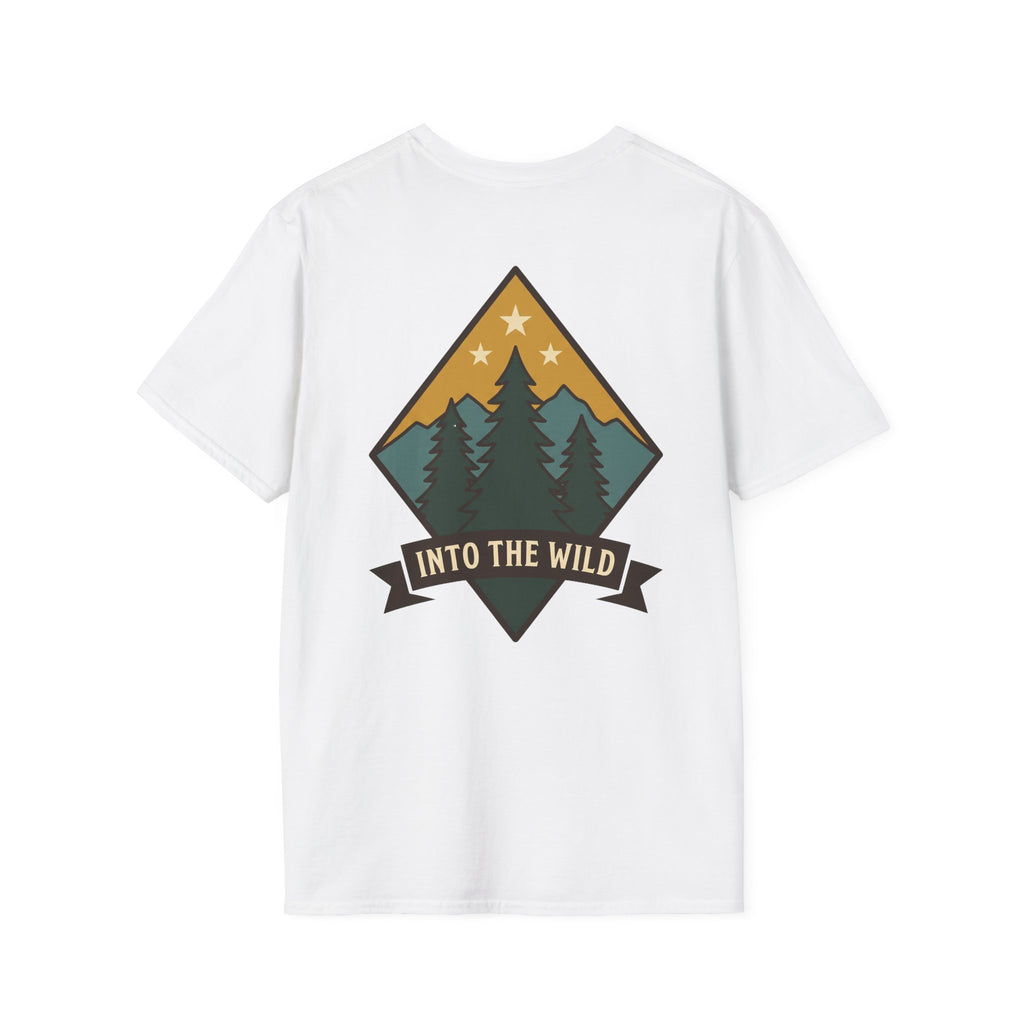 White t-shirt with colorful pine tree diamond graphic and "Into the Wild" banner