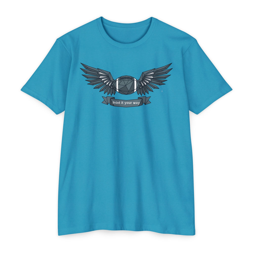Blue short-sleeve T-shirt with winged camera emblem graphic
