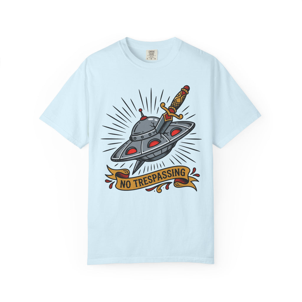 Light blue tee with UFO dagger graphic and 'No Trespassing'