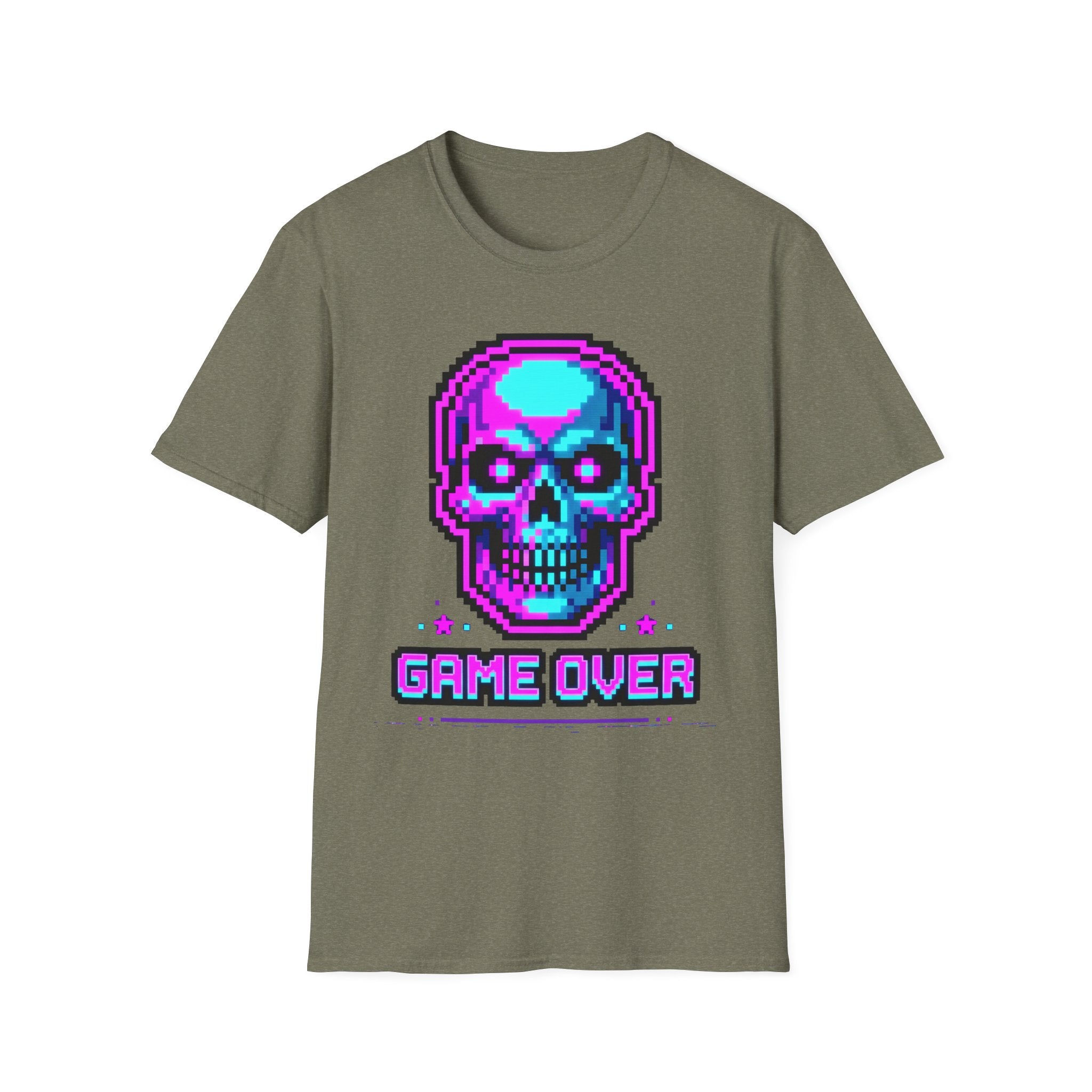 Olive green t-shirt with pixel skull headphones graphic and 'GAME OVER' text