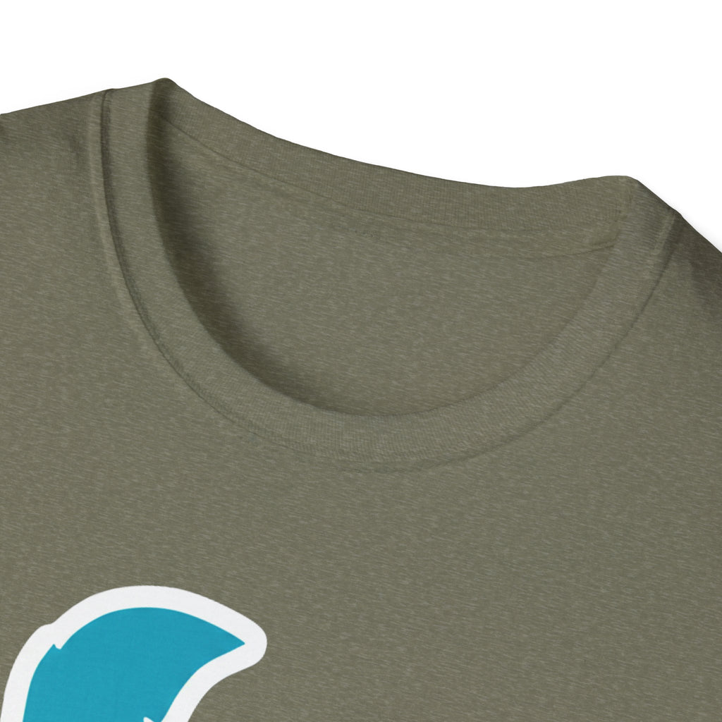 Delaware silhouette T-shirt, Heather Military Green crew neck with partial blue graphic