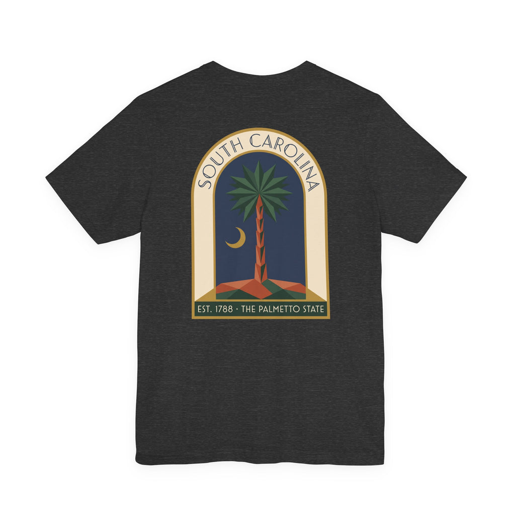 Charcoal T-shirt with large South Carolina palmetto window graphic on back