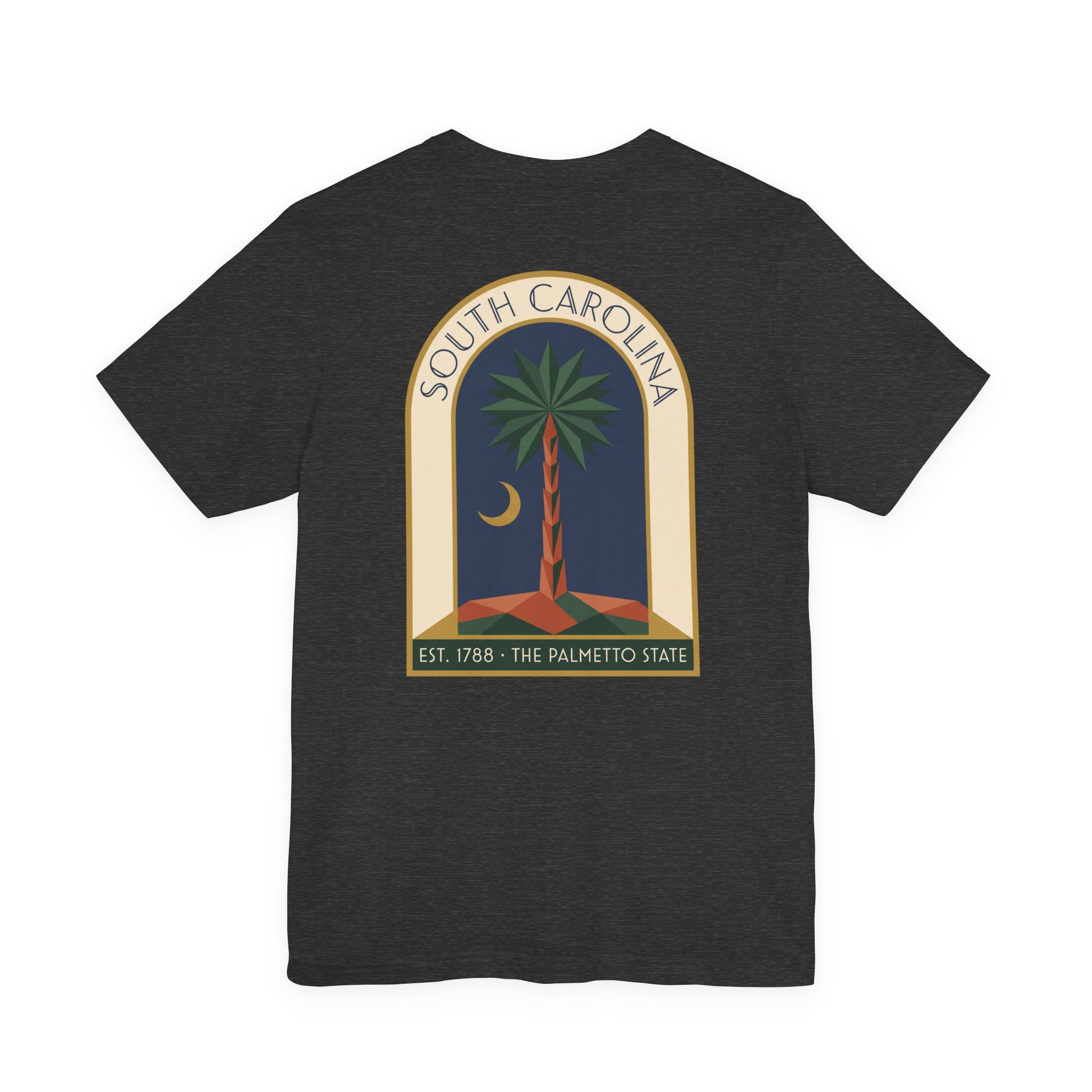 Charcoal T-shirt with large South Carolina palmetto window graphic on back