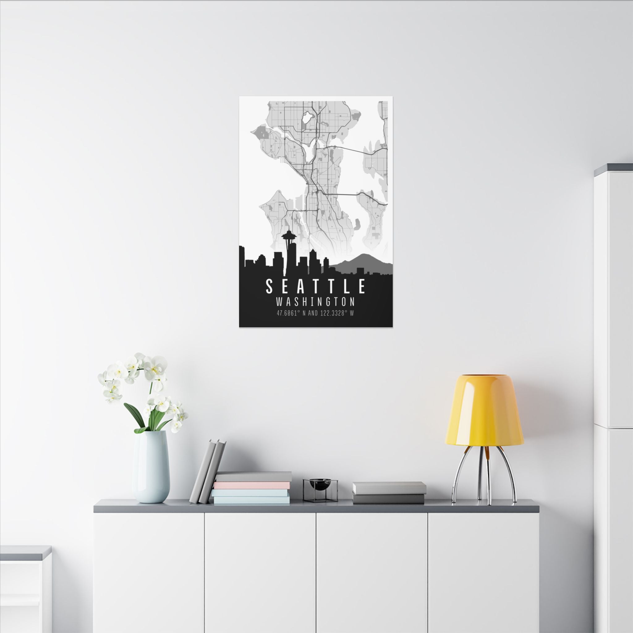 Seattle skyline map matte canvas, full design with city silhouette, state name, coordinates.