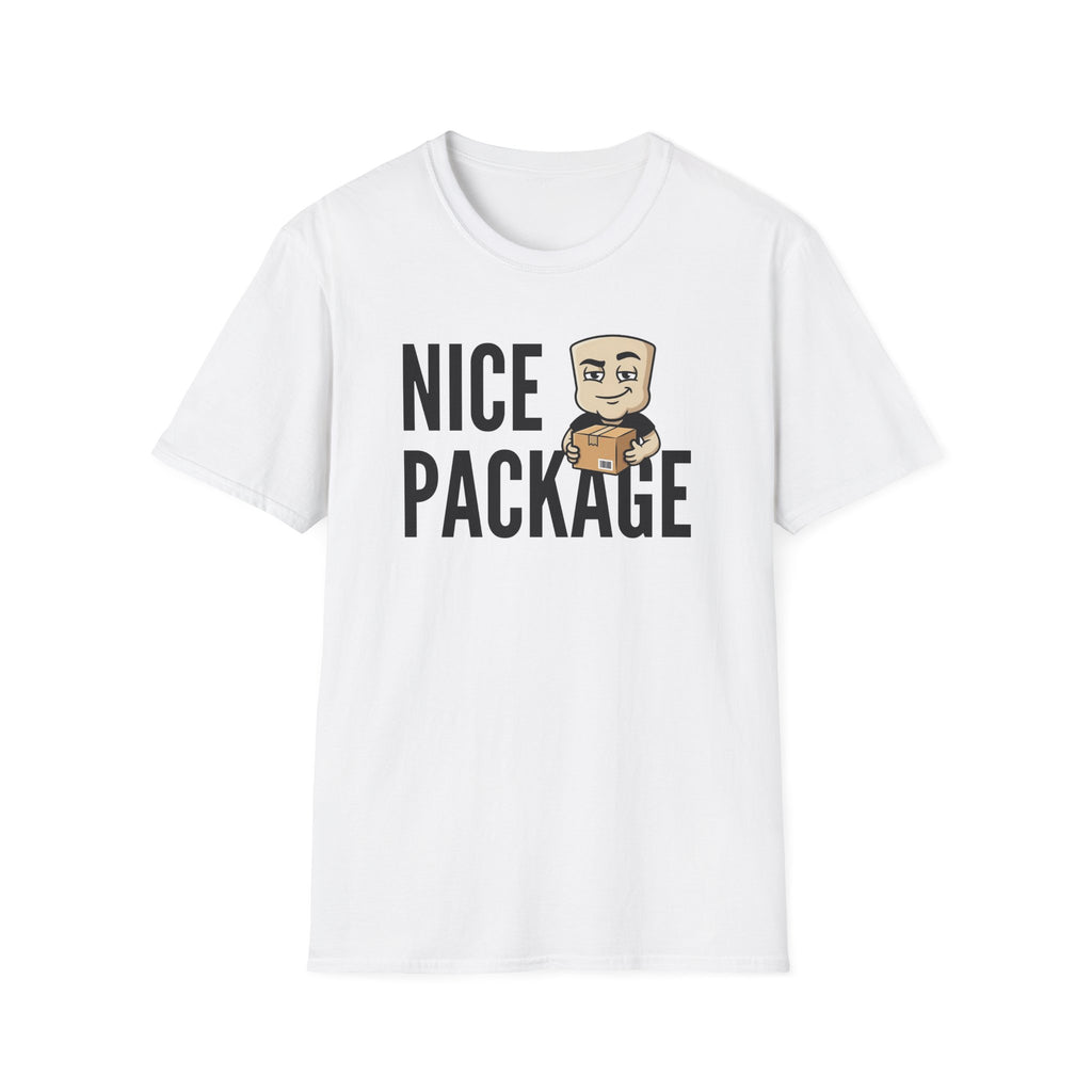 White crew-neck T-shirt with “NICE PACKAGE” graphic and delivery character