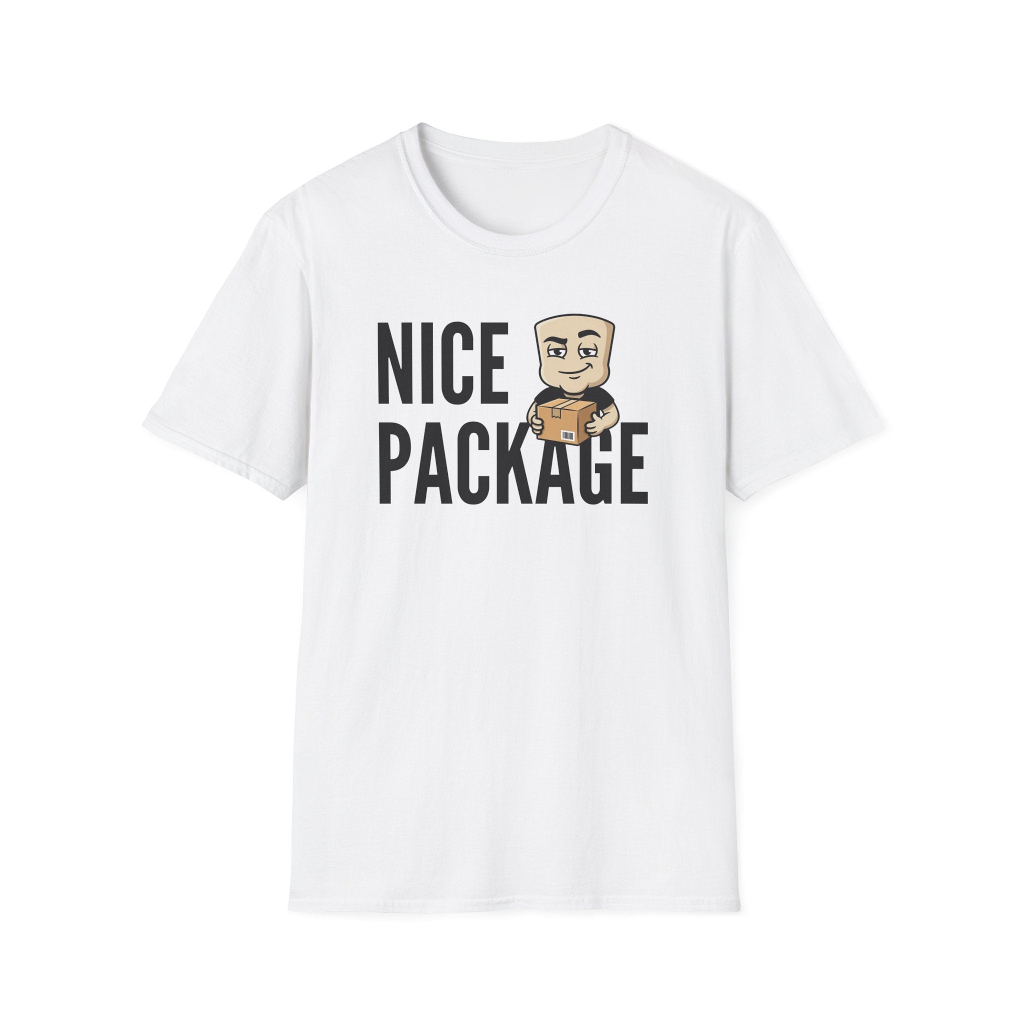 White crew-neck T-shirt with “NICE PACKAGE” graphic and delivery character