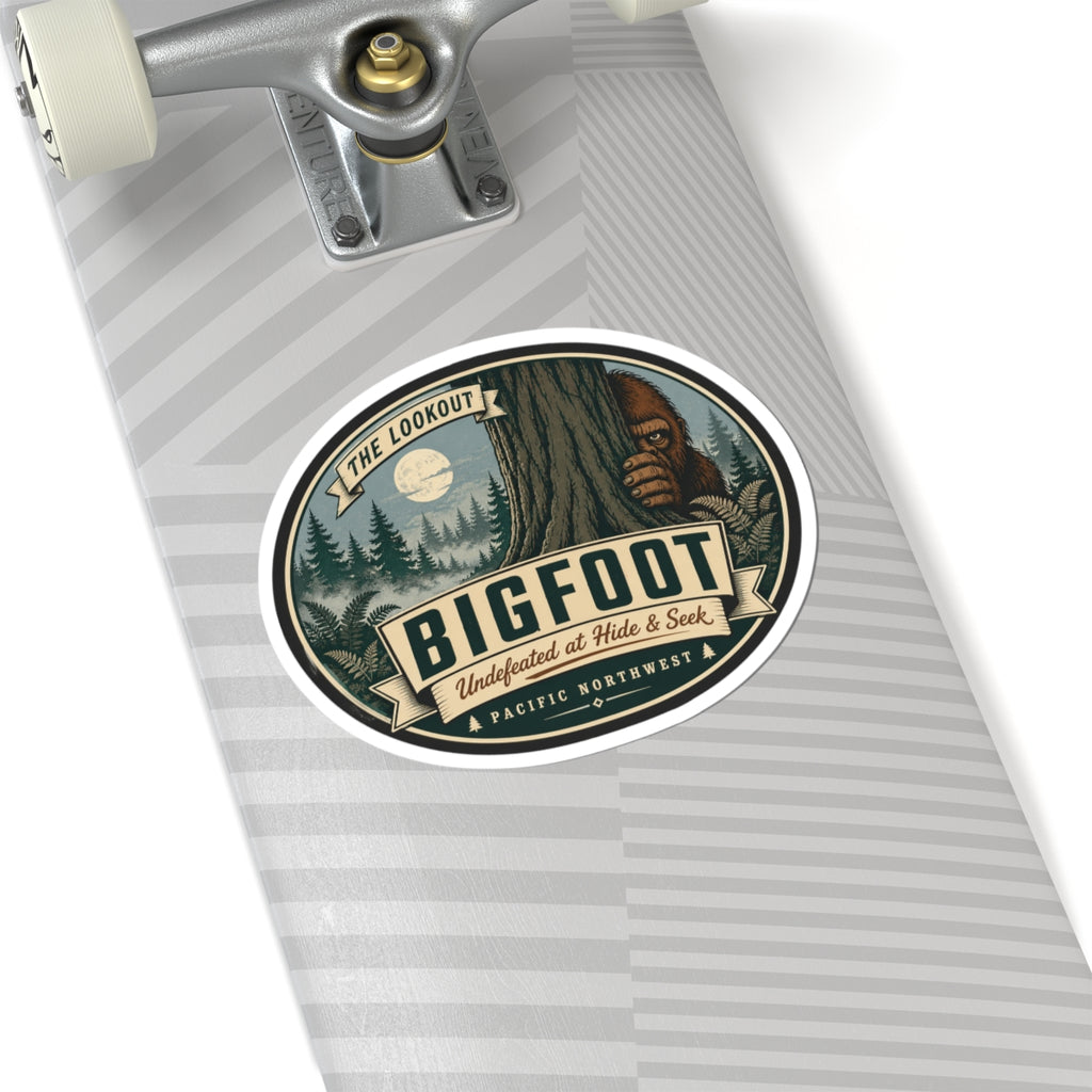Round kiss-cut Bigfoot outdoor logo vinyl sticker on gray striped label backing