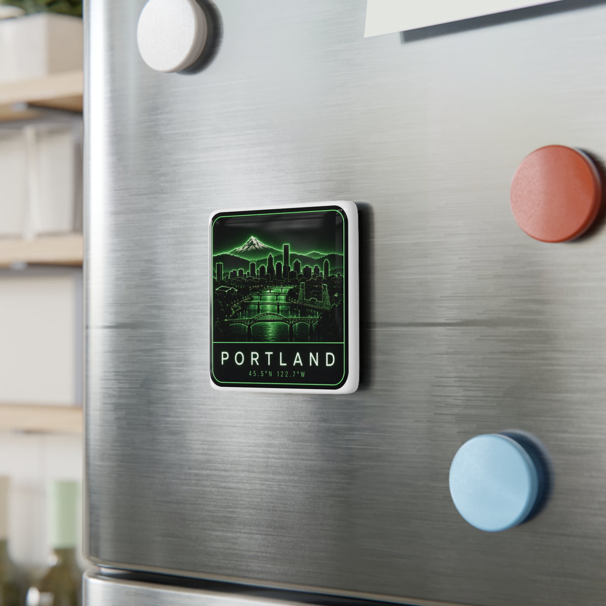 Square magnet with neon green Portland skyline on brushed metal refrigerator