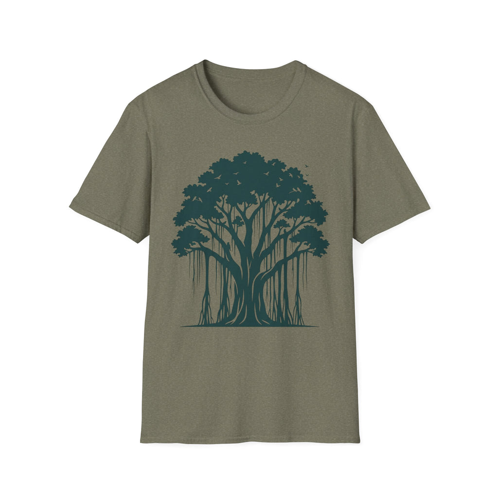 T-Shirt mit Banyan-Baum-Motiv, olivgrüner Stoff, Frontgrafik mit Krone und Wurzeln