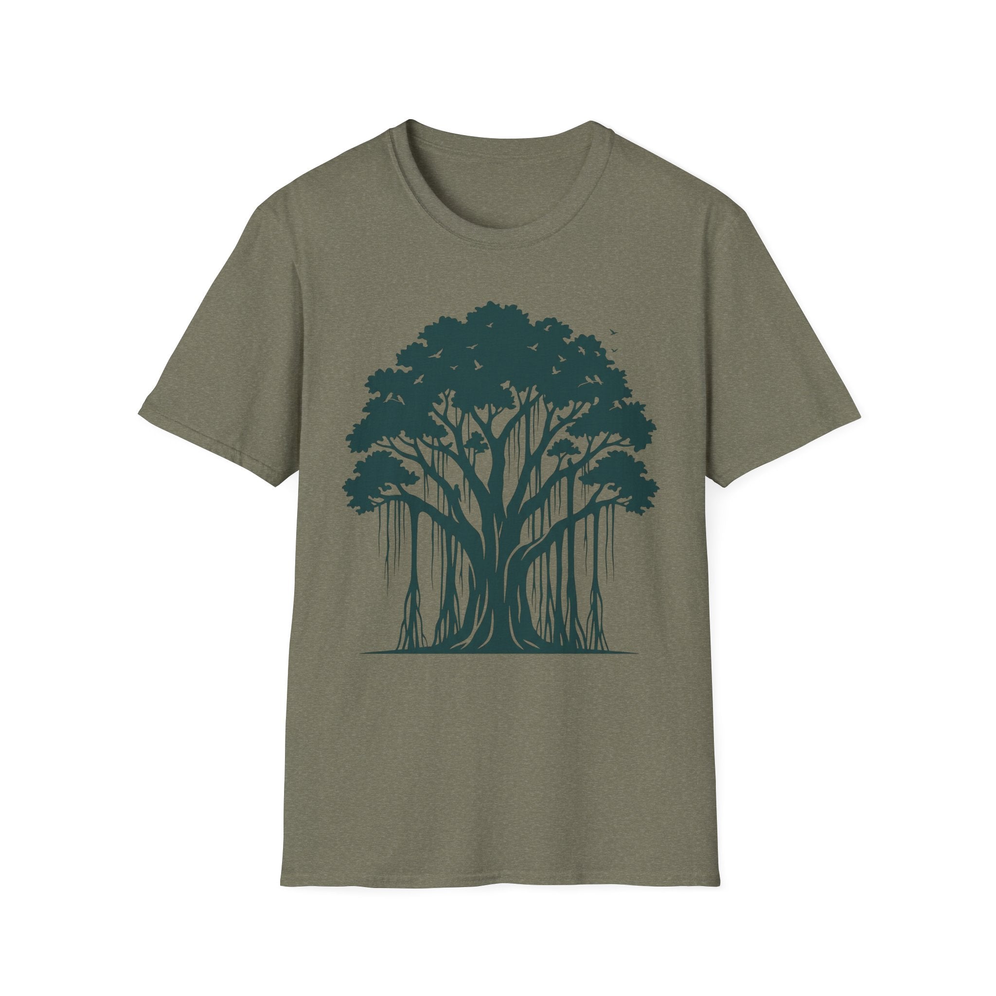 T-Shirt mit Banyan-Baum-Motiv, olivgrüner Stoff, Frontgrafik mit Krone und Wurzeln