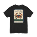 Black t-shirt with Maryland art deco crab graphic on the front