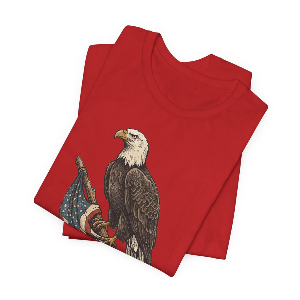 Red T-shirt with eagle and stars flag graphic, crew neck, short sleeves