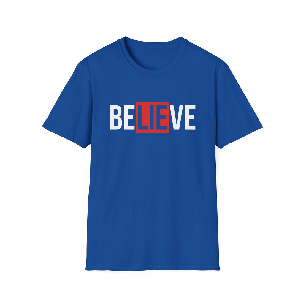 Royal blue statement tee with bold 'BELIEVE' text graphic in red and white