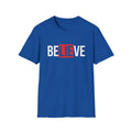 Royal blue statement tee with bold 'BELIEVE' text graphic in red and white