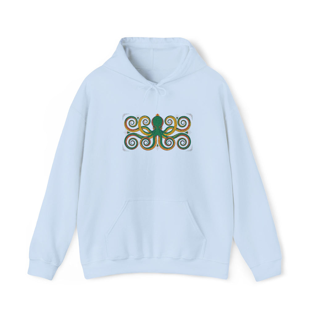 Light blue pullover hoodie with hood, drawstrings, kangaroo pocket, octopus swirl graphic