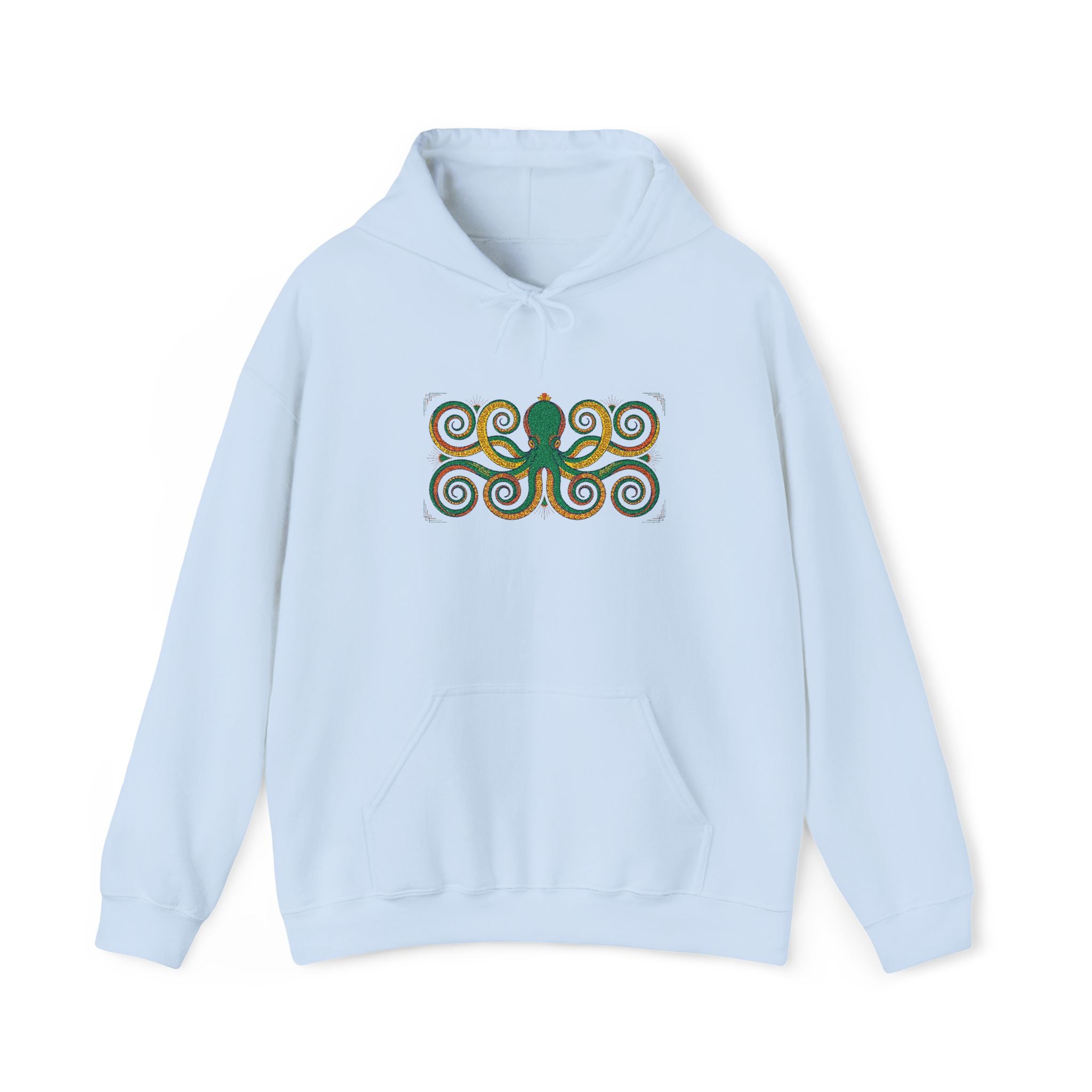 Light blue pullover hoodie with hood, drawstrings, kangaroo pocket, octopus swirl graphic