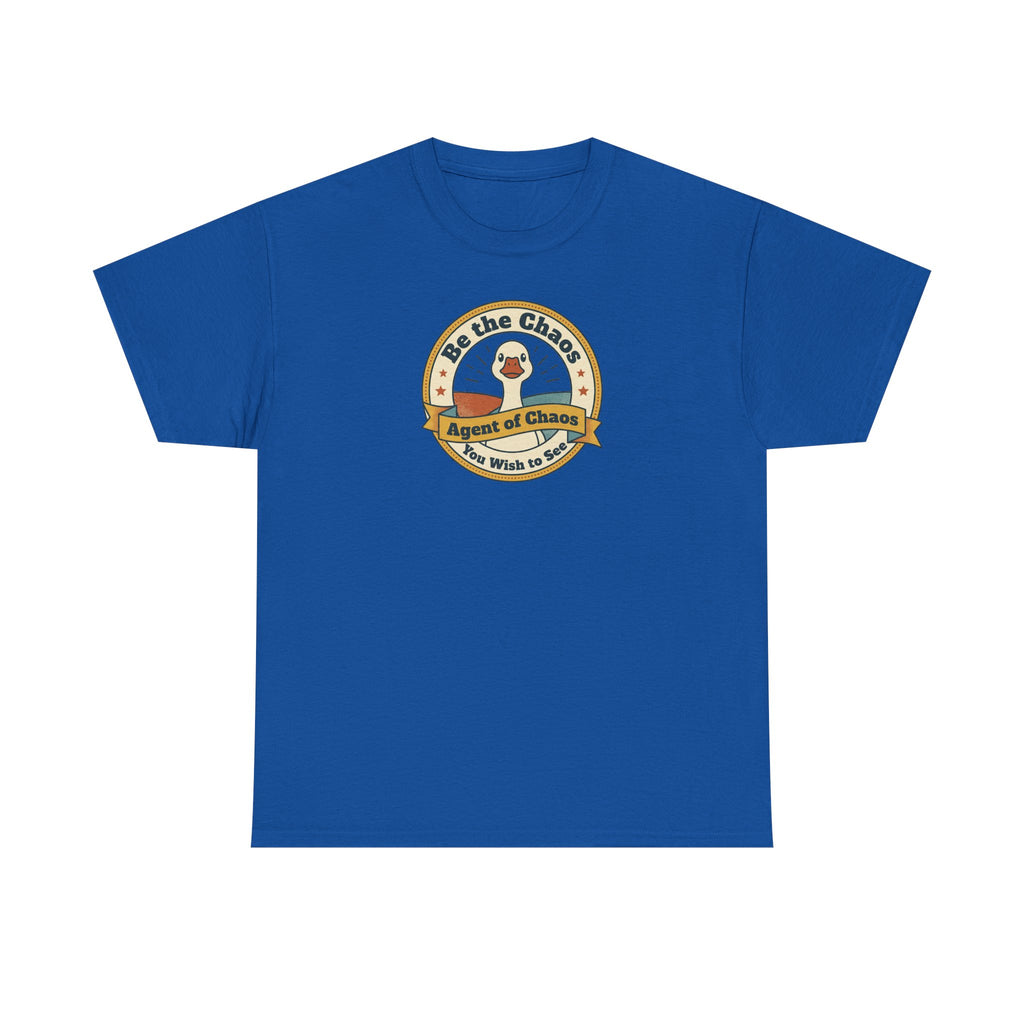 Royal blue crew-neck T-shirt with circular duck emblem graphic on the chest