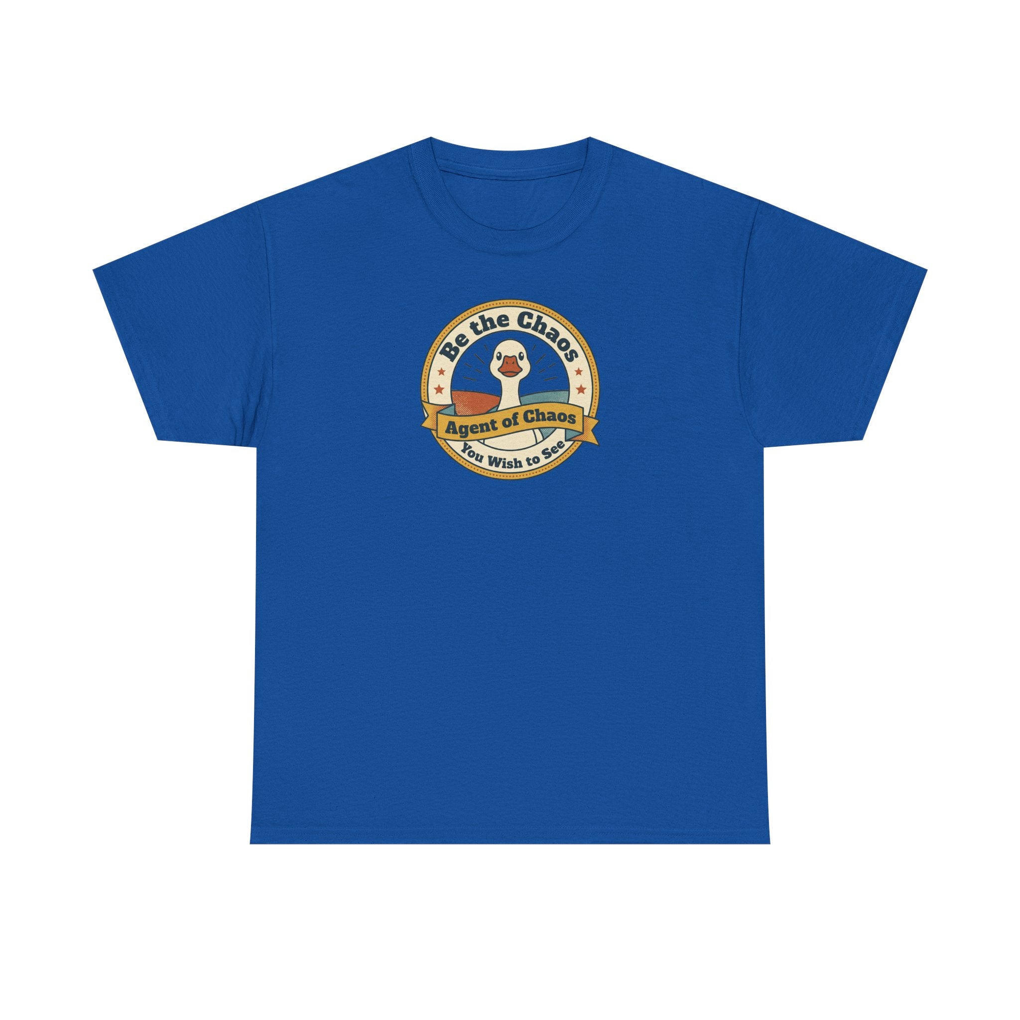 Royal blue crew-neck T-shirt with circular duck emblem graphic on the chest