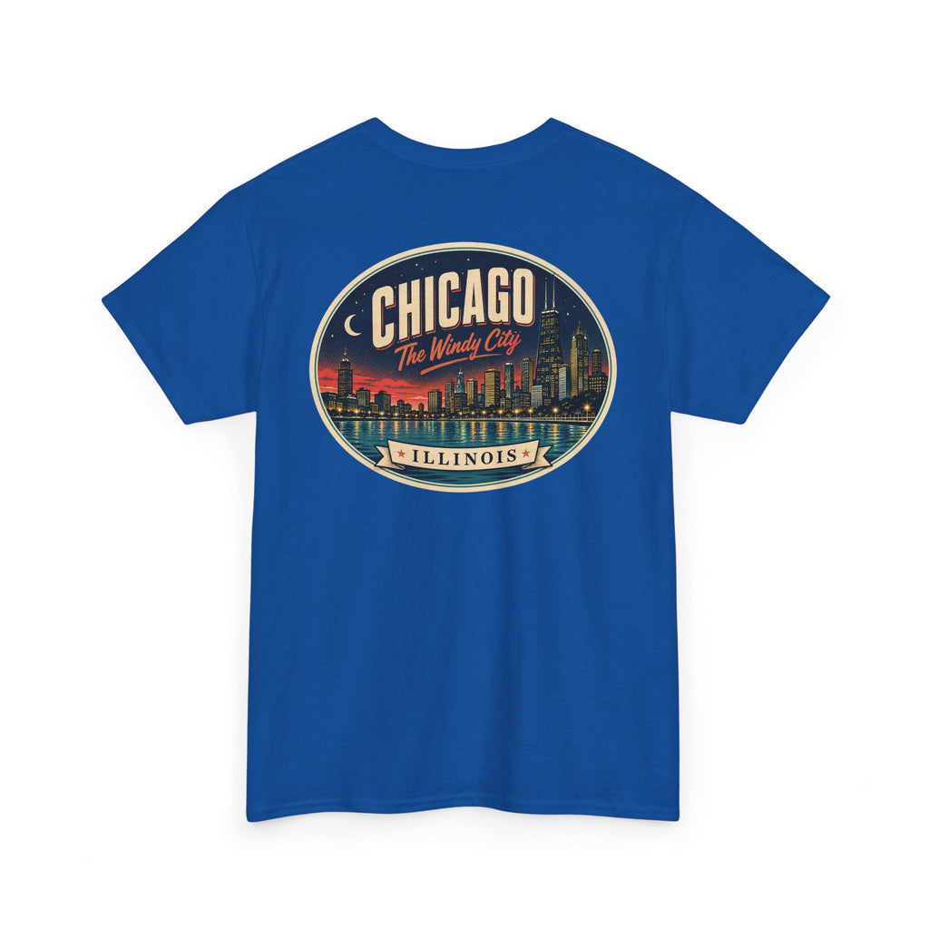 Royal blue crew-neck T-shirt with large round Chicago city badge graphic
