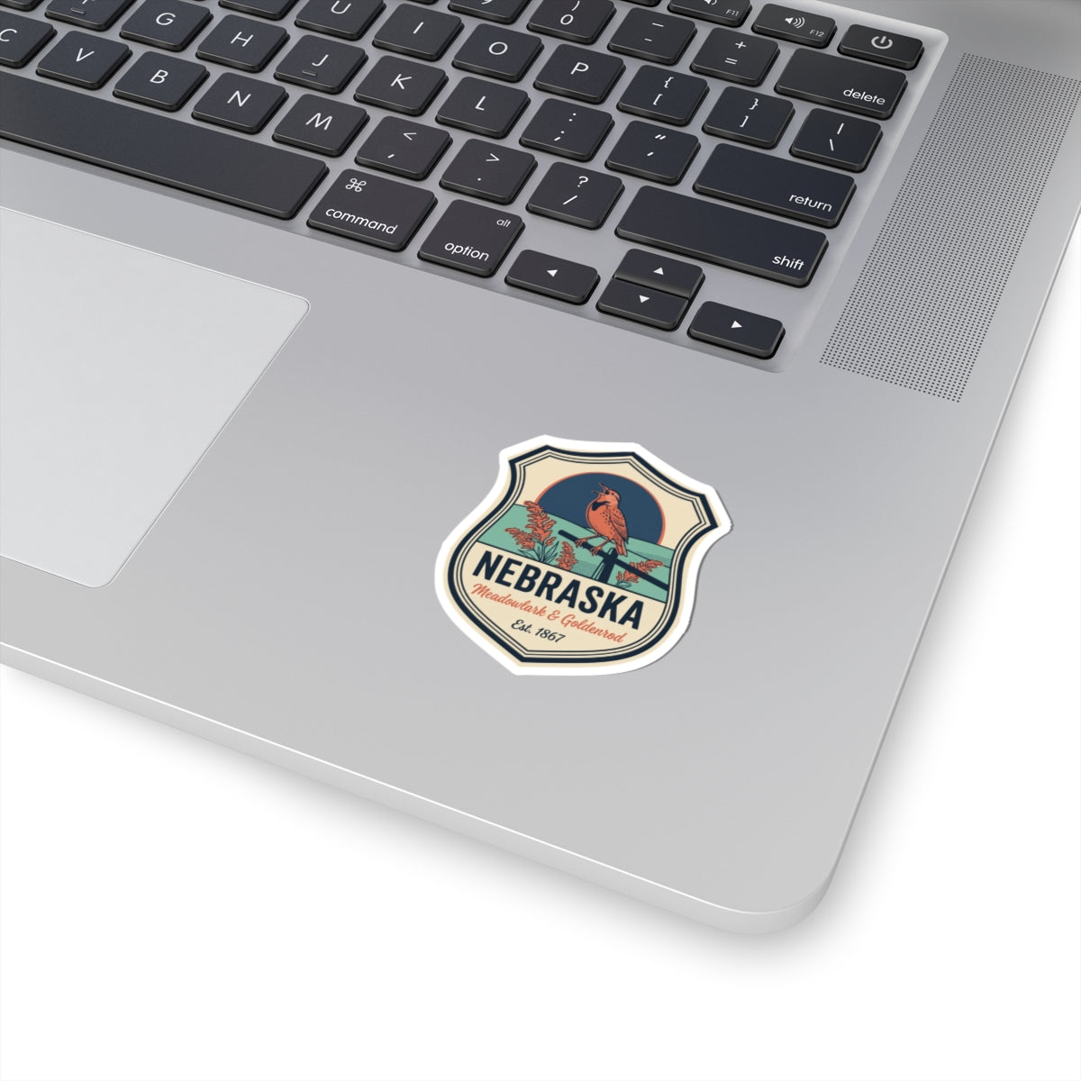 Vintage Nebraska state badge vinyl sticker with blue bird and NEBRASKA text