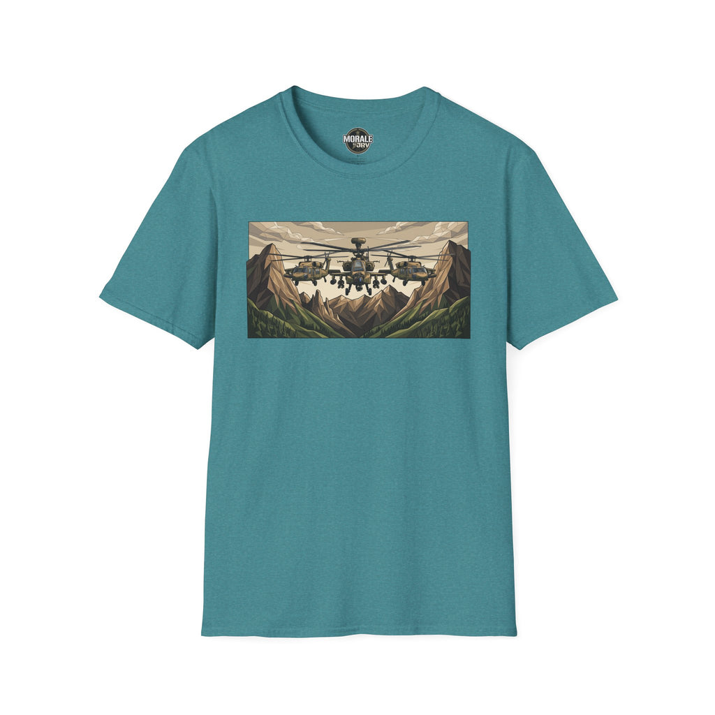 Attack Helicopter T-Shirt in Heather Galapagos Blue with mountain helicopter graphic