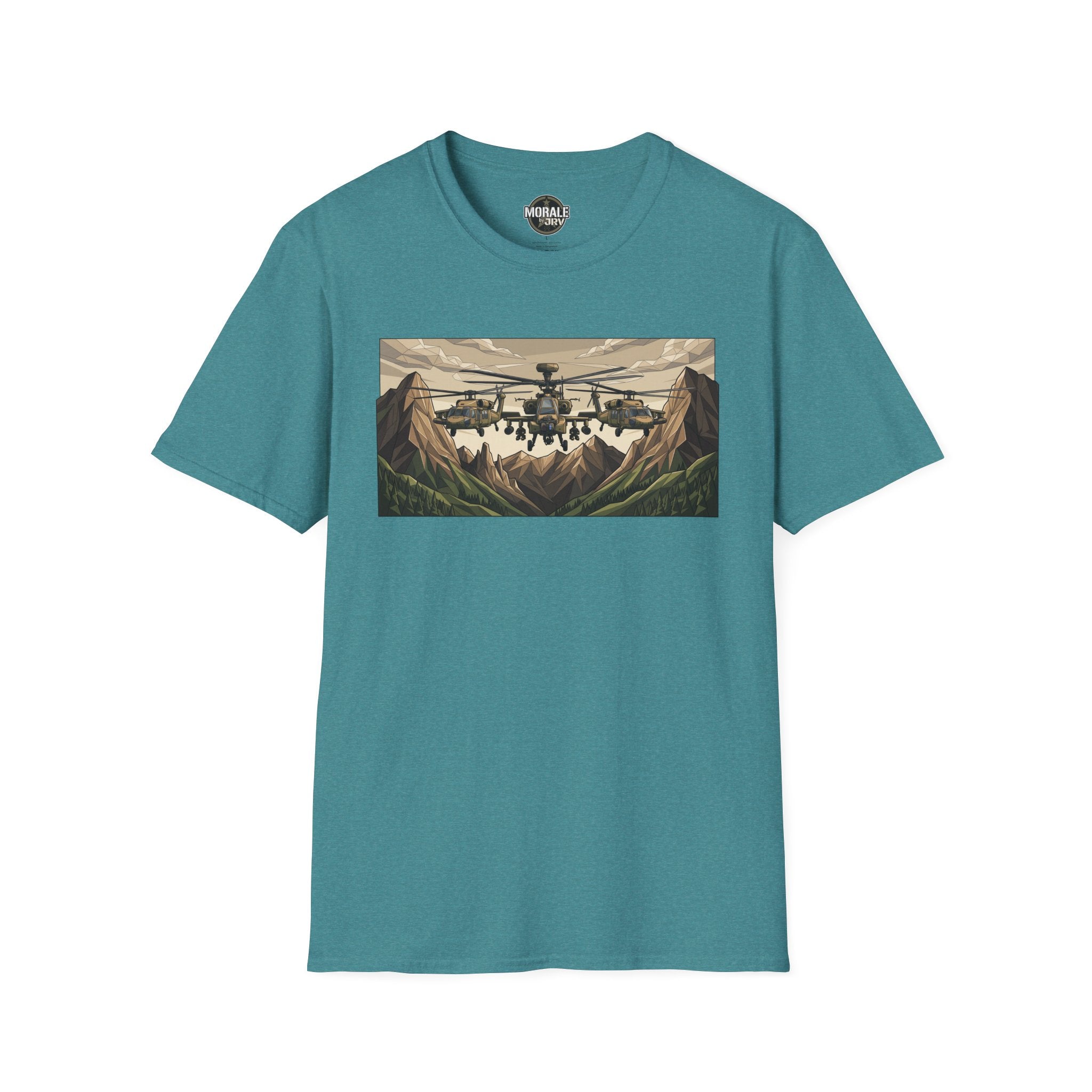 Attack Helicopter T-Shirt in Heather Galapagos Blue with mountain helicopter graphic