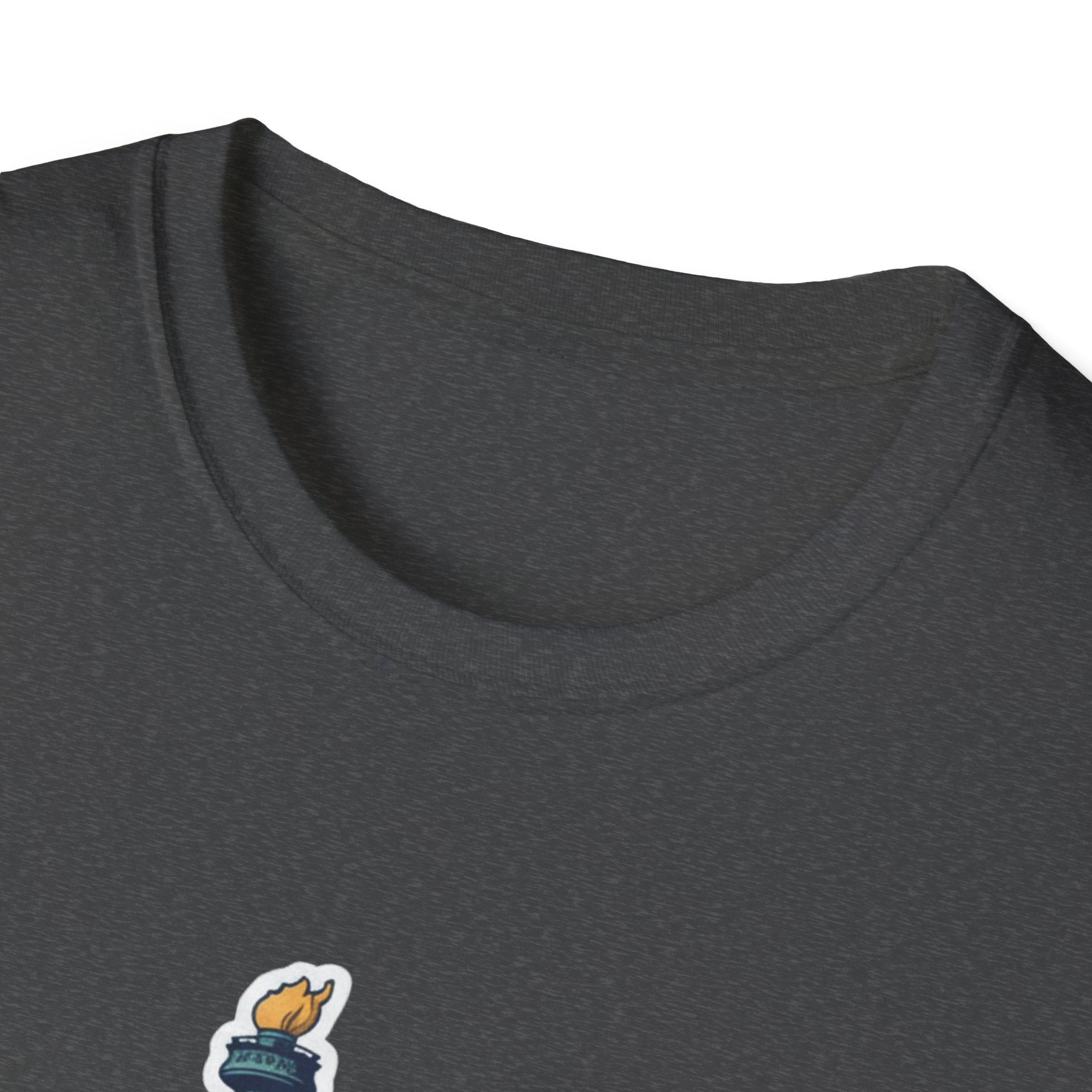 Dark heather T-shirt neckline with partial flame graphic