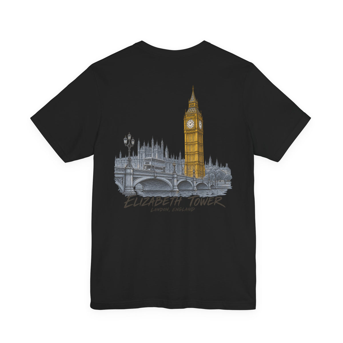 Black crew-neck T-shirt with Elizabeth Tower skyline graphic on back