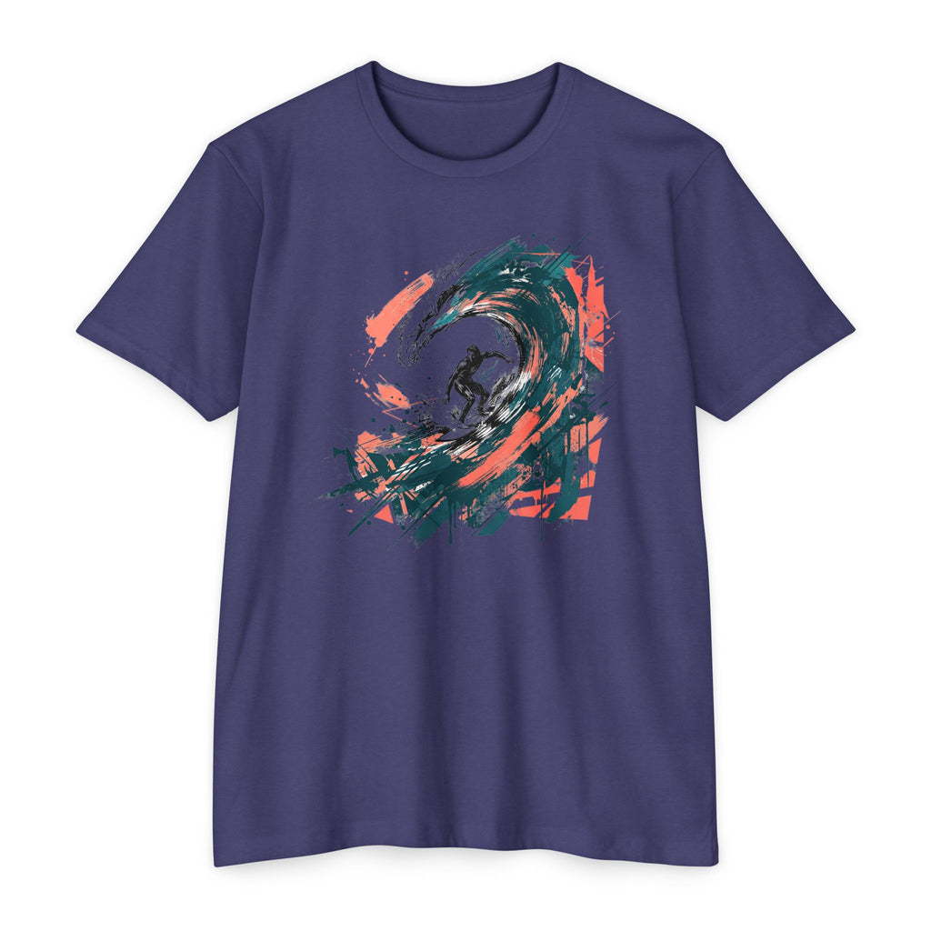 Purple unisex T-shirt with front abstract wave paintbrush graphic in teal, green, orange, and black