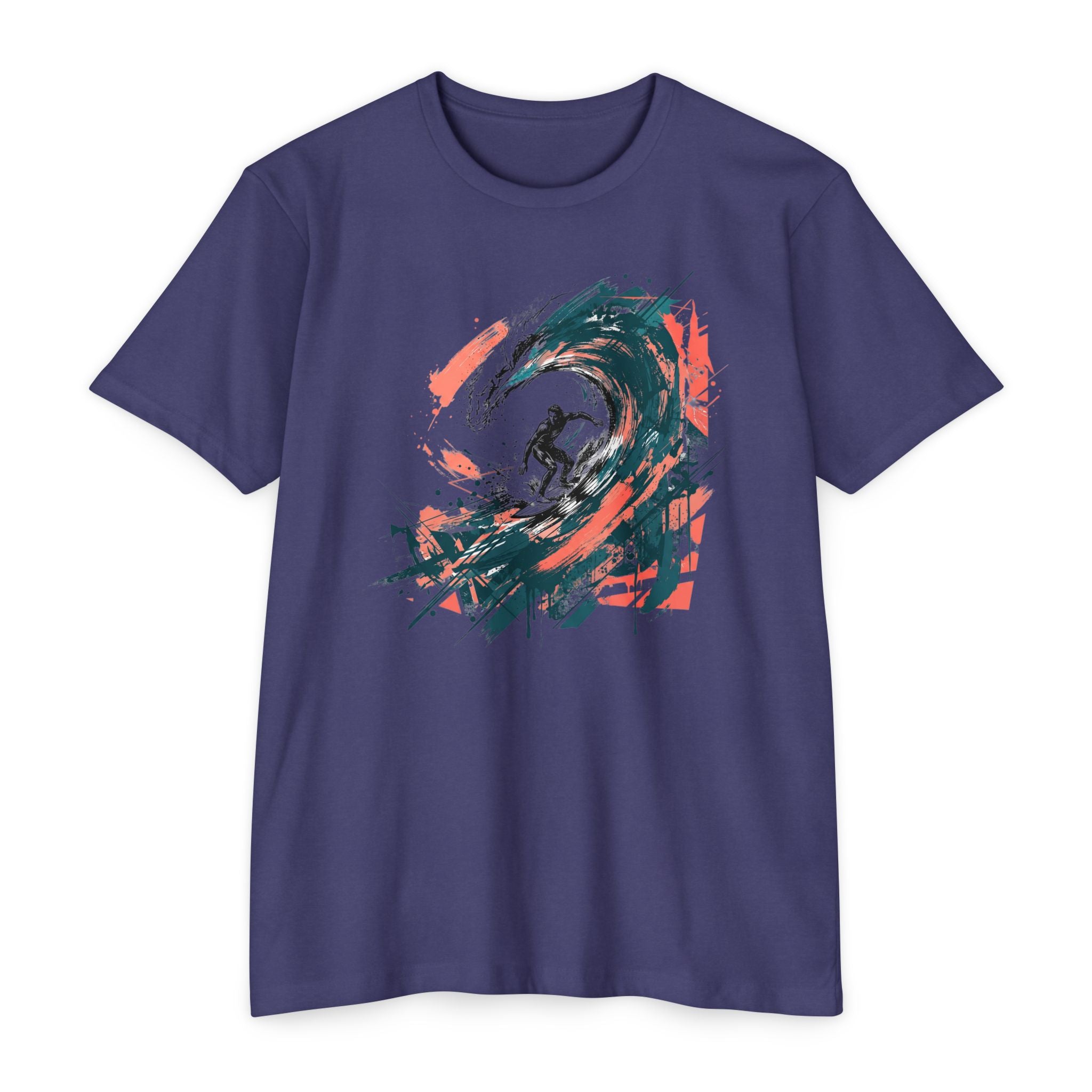 Purple unisex T-shirt with front abstract wave paintbrush graphic in teal, green, orange, and black
