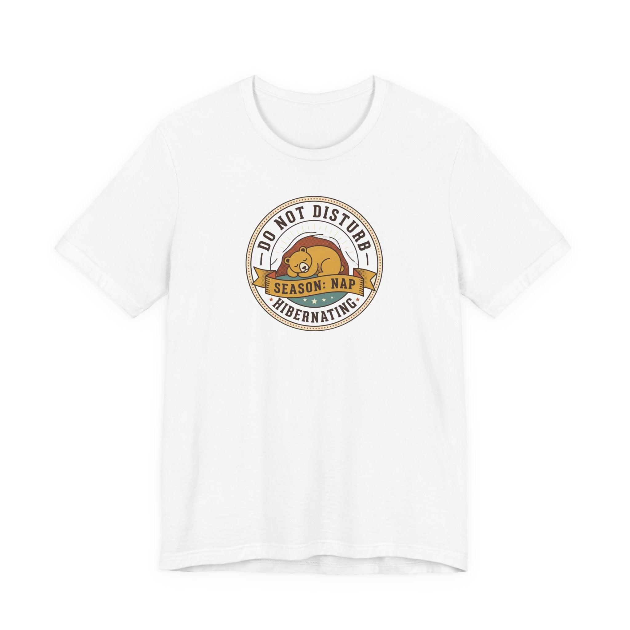 White T-shirt with hibernating bear "Do Not Disturb" circular graphic on chest