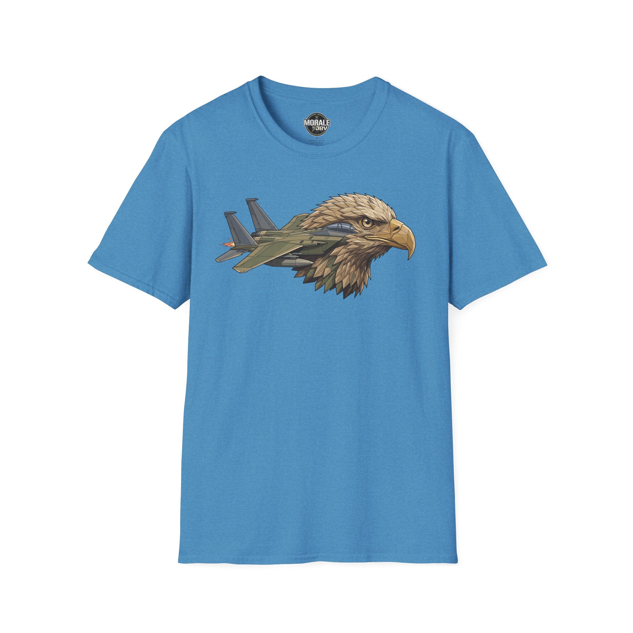 Blue t-shirt with eagle head and fighter jets graphic on the chest