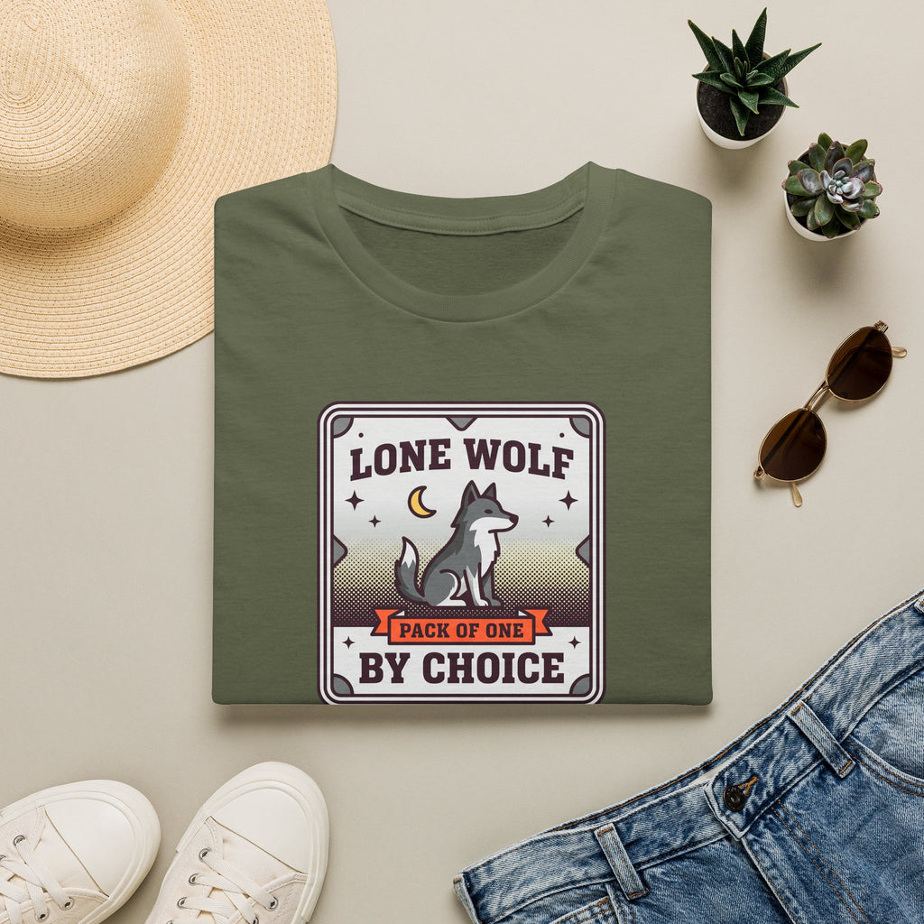 Military green crewneck T-shirt with lone wolf badge graphic