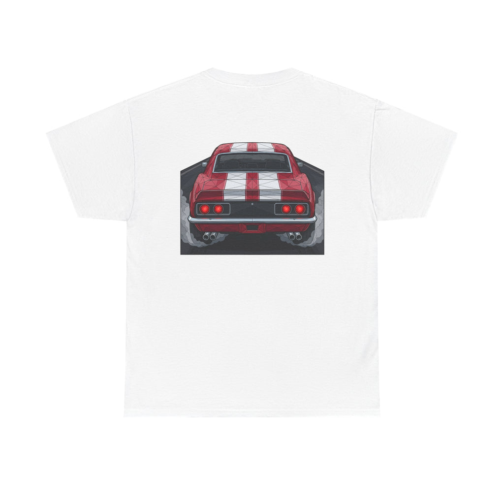 White vintage muscle car graphic T-shirt with back view red car illustration