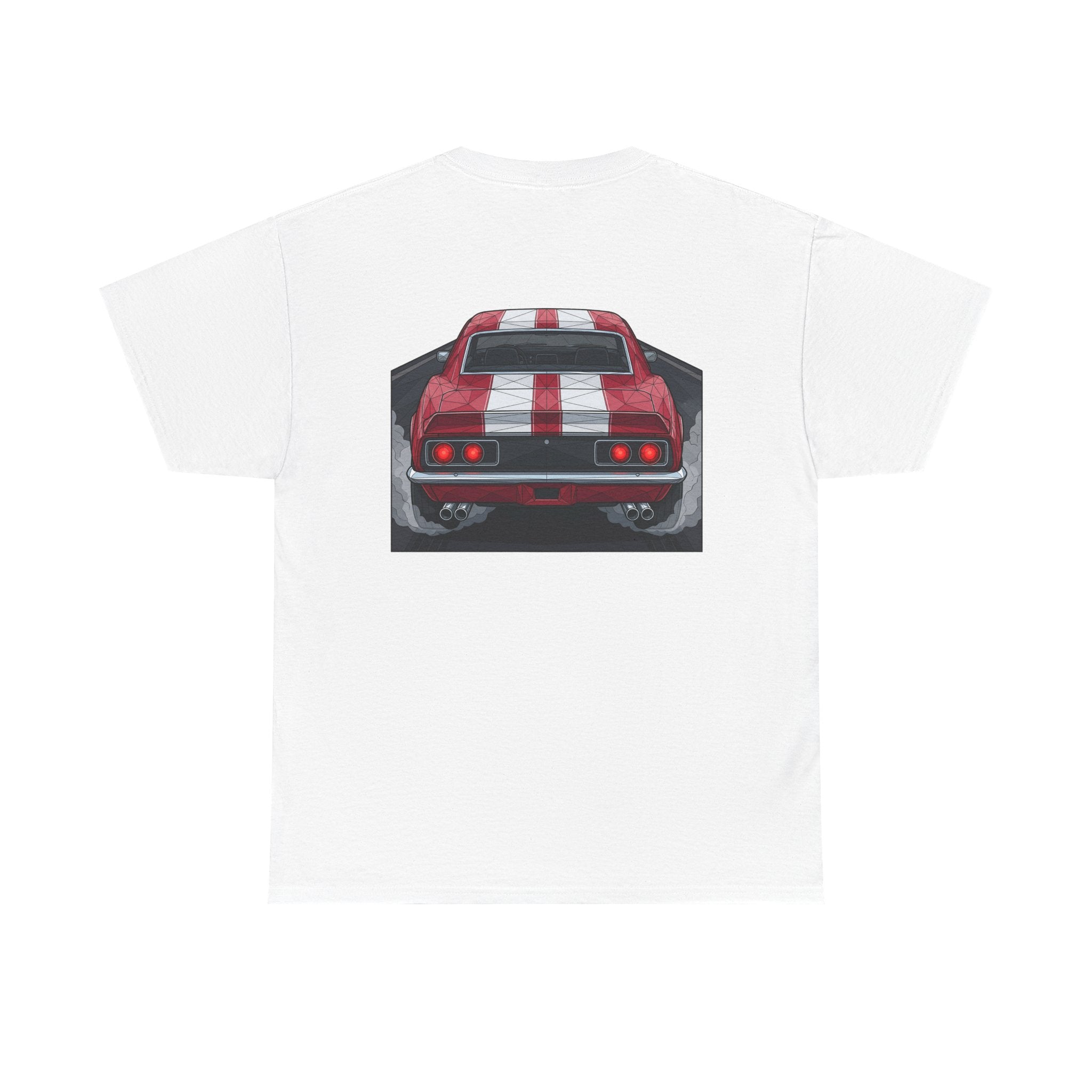 White vintage muscle car graphic T-shirt with back view red car illustration
