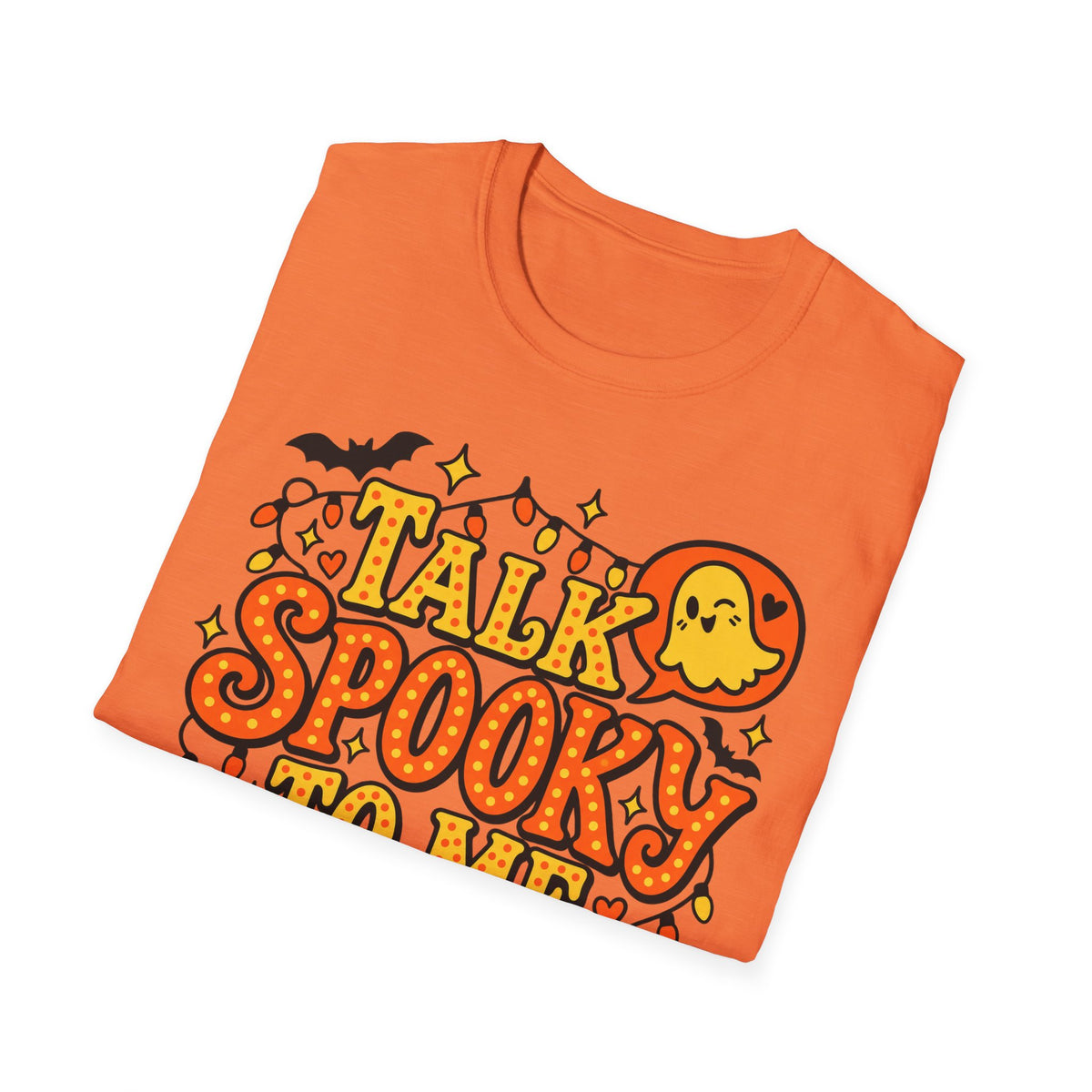 Orange Halloween ghost graphic T-shirt with “Talk Spooky” lettering and candy lights