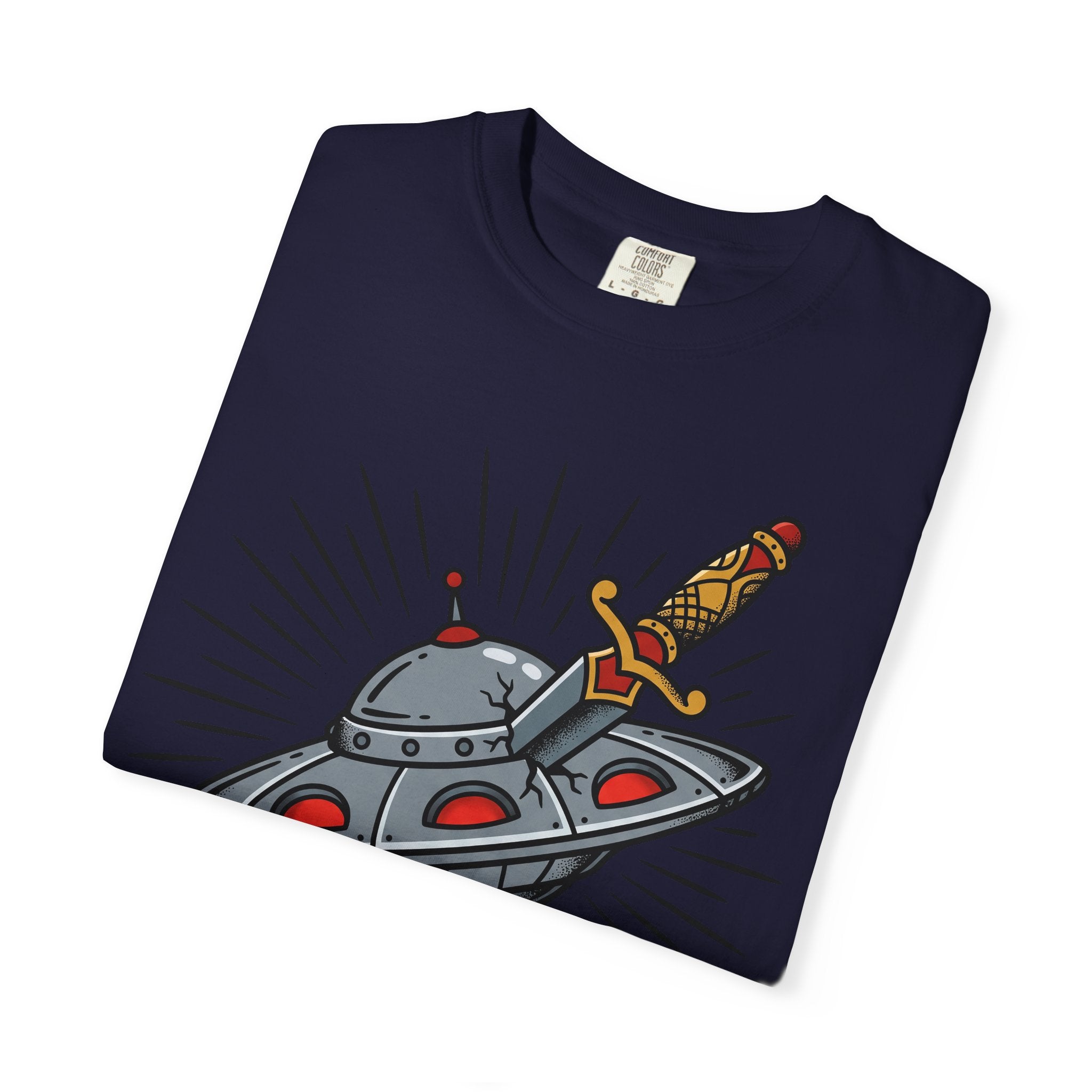 Navy T-shirt with retro UFO and dagger graphic in center