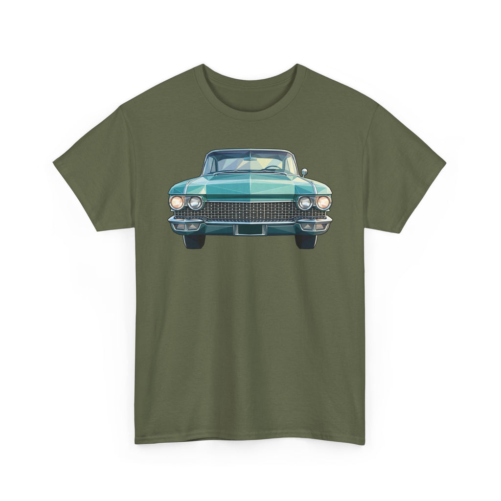 Olive green t-shirt with teal classic car front illustration