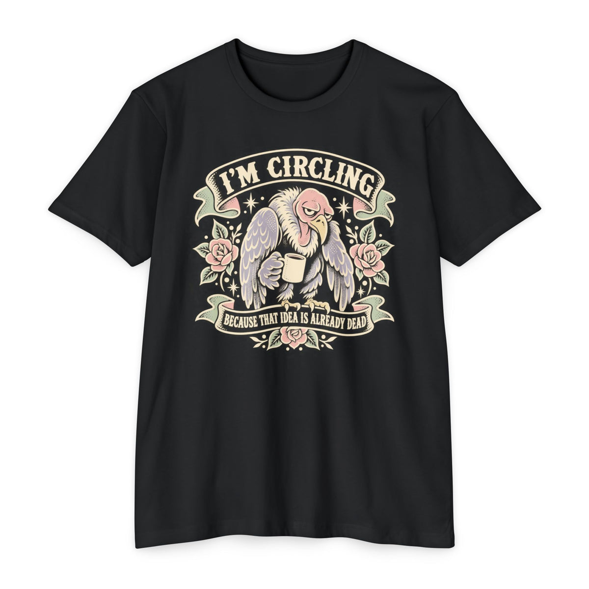 Black vulture graphic T-shirt with winged face and “I’m circling” text