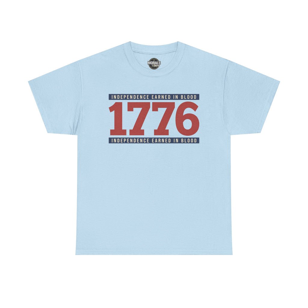 Light blue graphic t-shirt with “1776” Independence earned in blood print