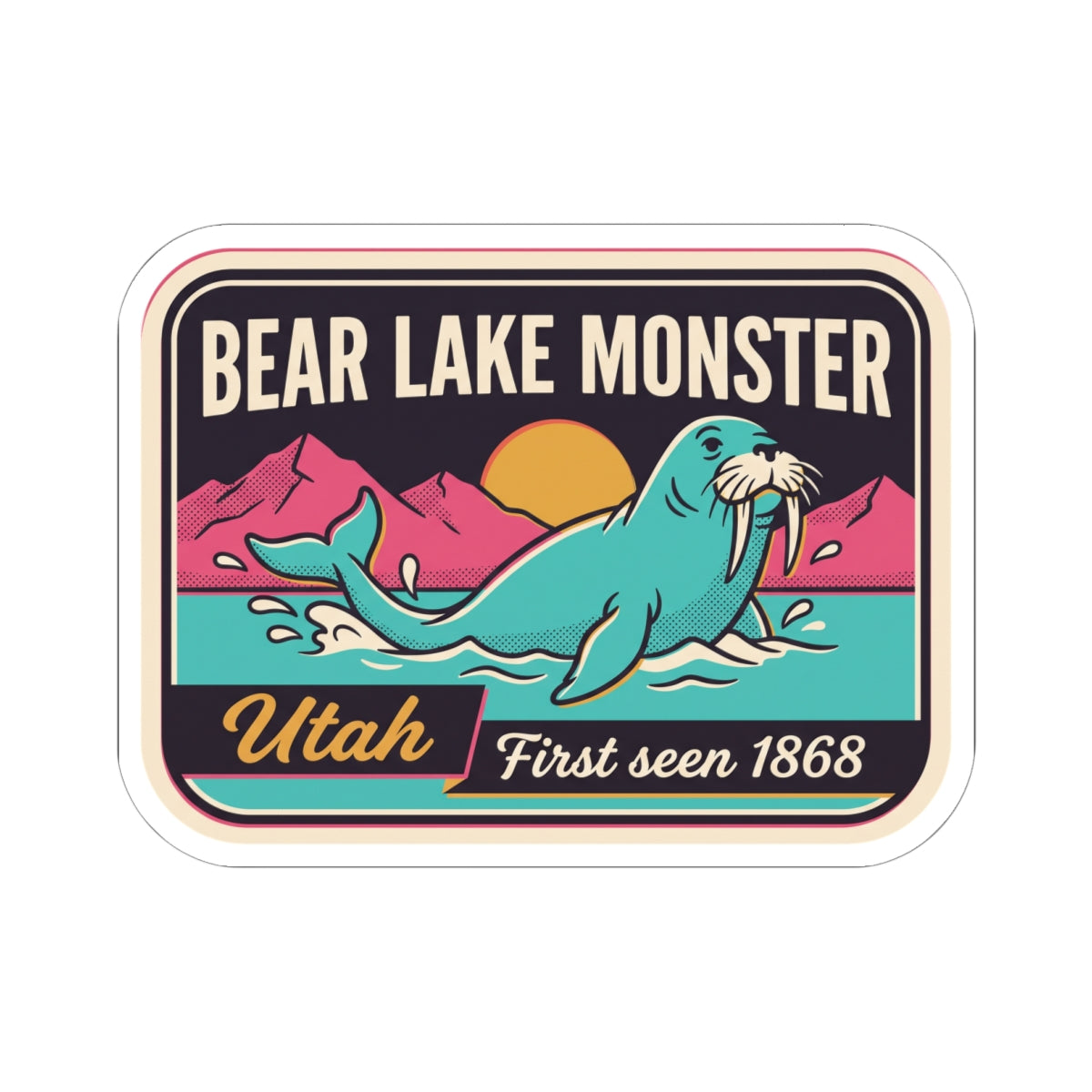 Vintage Bear Lake Monster decal with teal sea-beast, pink hills, and “Utah” script