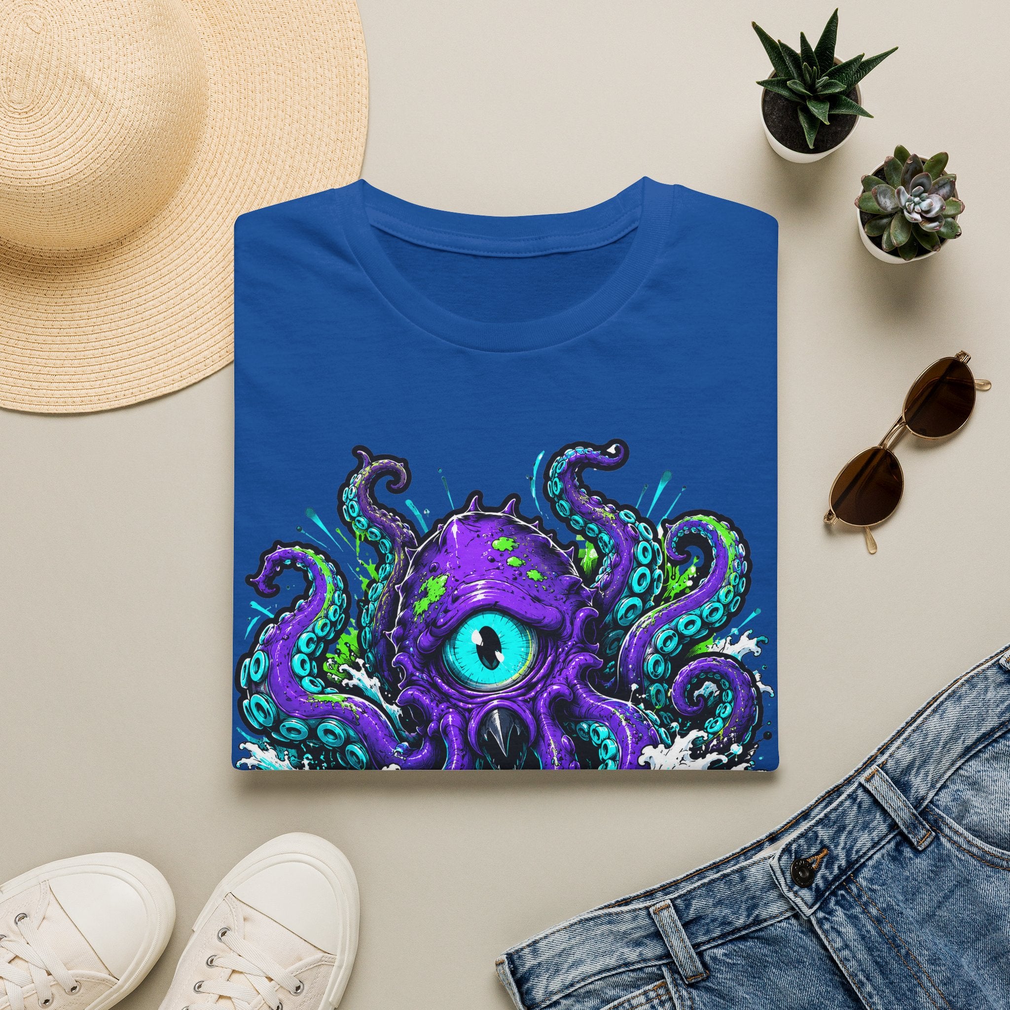 Royal blue graphic octopus T-shirt with purple cyclops eye and teal tentacles