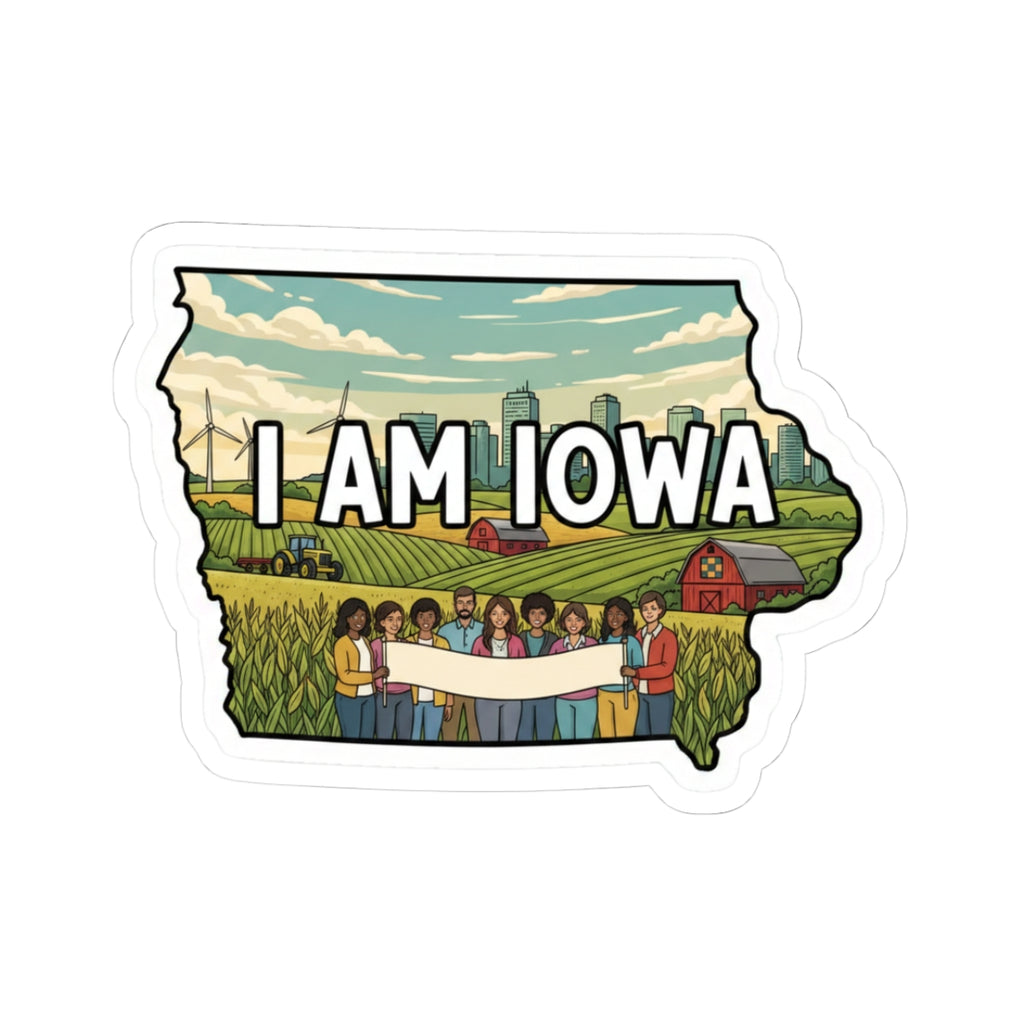 I AM IOWA sticker shaped like Iowa state with farm and people illustration